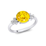 Trio Diamond Engagement Ring with Round Solitaire Yellow Sapphire - GeumJewels