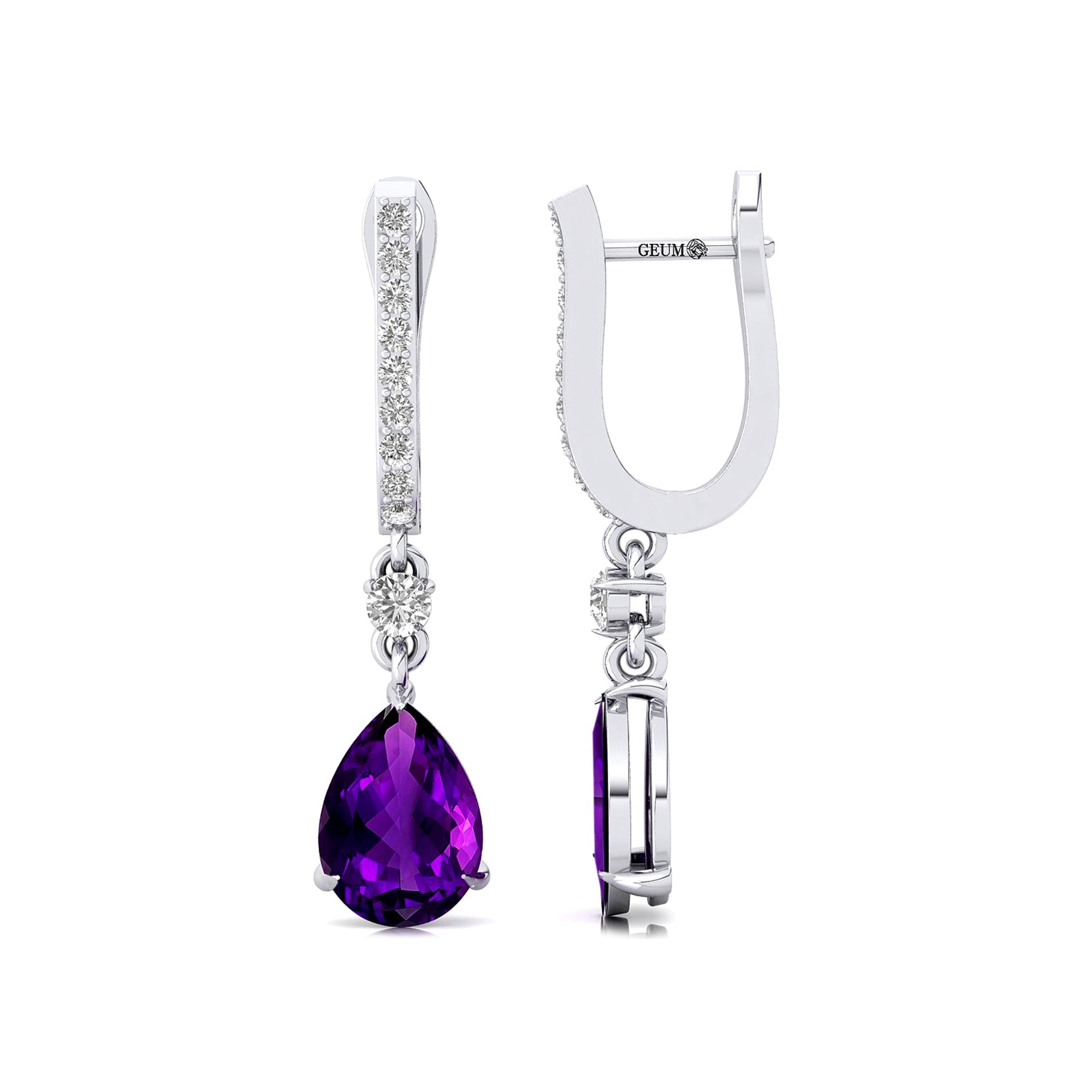 Lever Back Diamond Drop Earrings with Pear Cut Amethsyt - GeumJewels