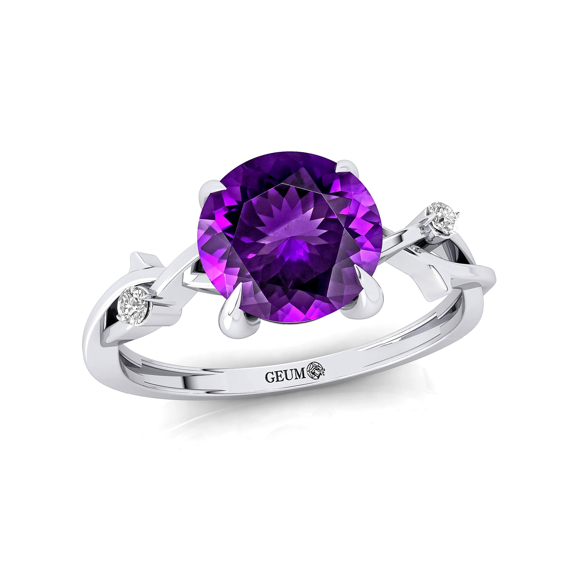 Criss Cross Nature Inspired Diamond Ring  with Round Amethyst - GeumJewels