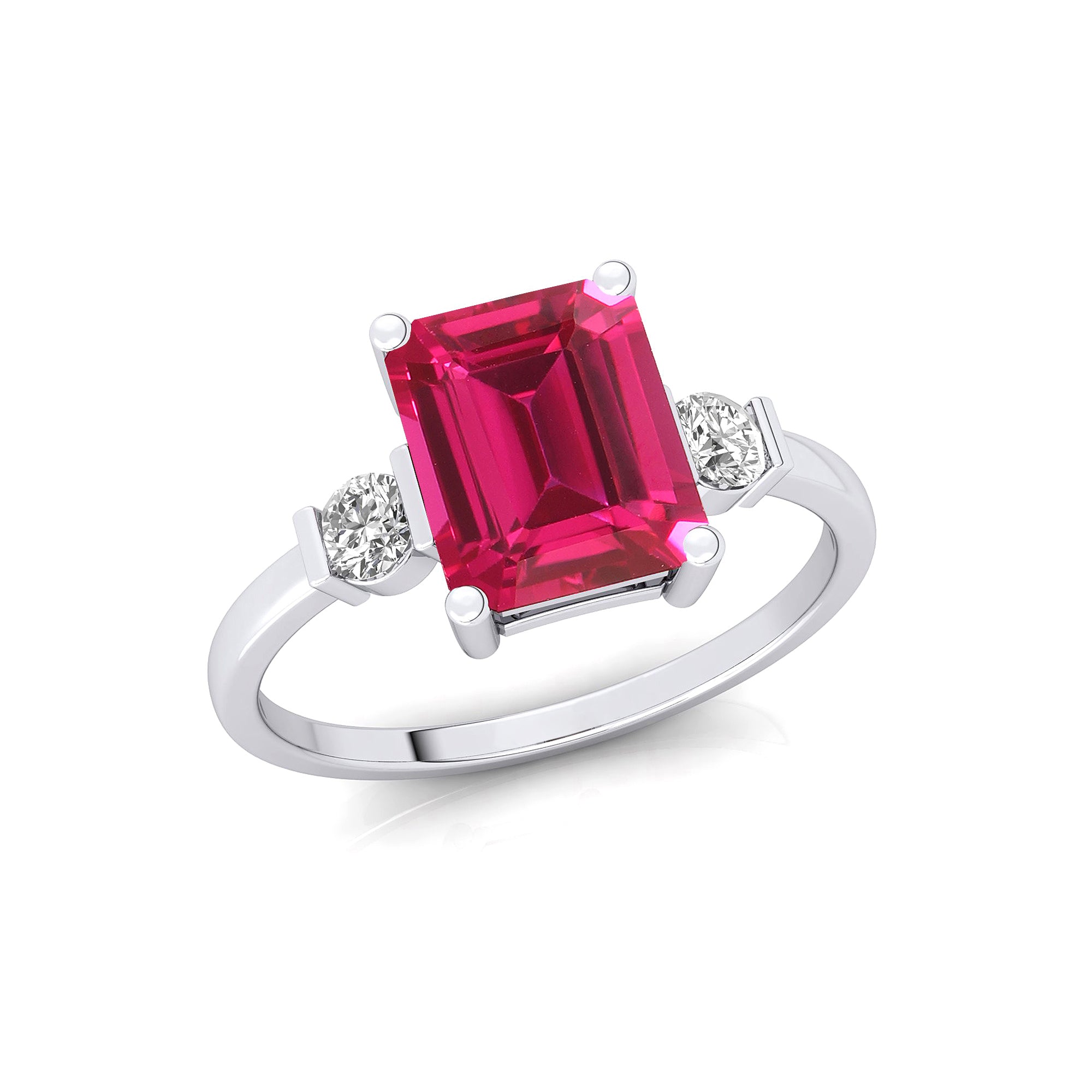 Emerald Cut Pink Sapphire and Diamond Three Stone Ring - GeumJewels