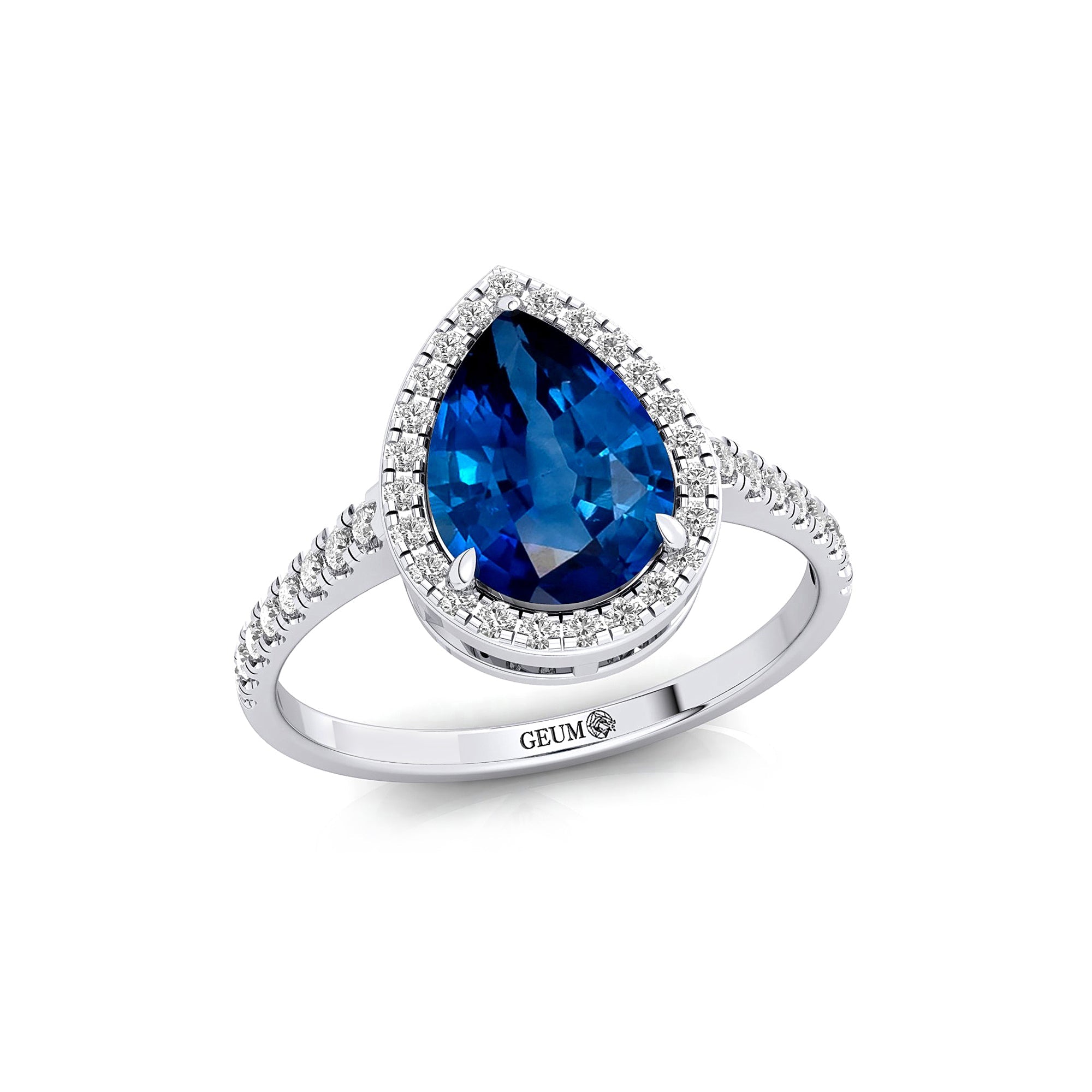 Classic Pear Shaped Blue Sapphire Halo Diamond Engagement Ring - GeumJewels