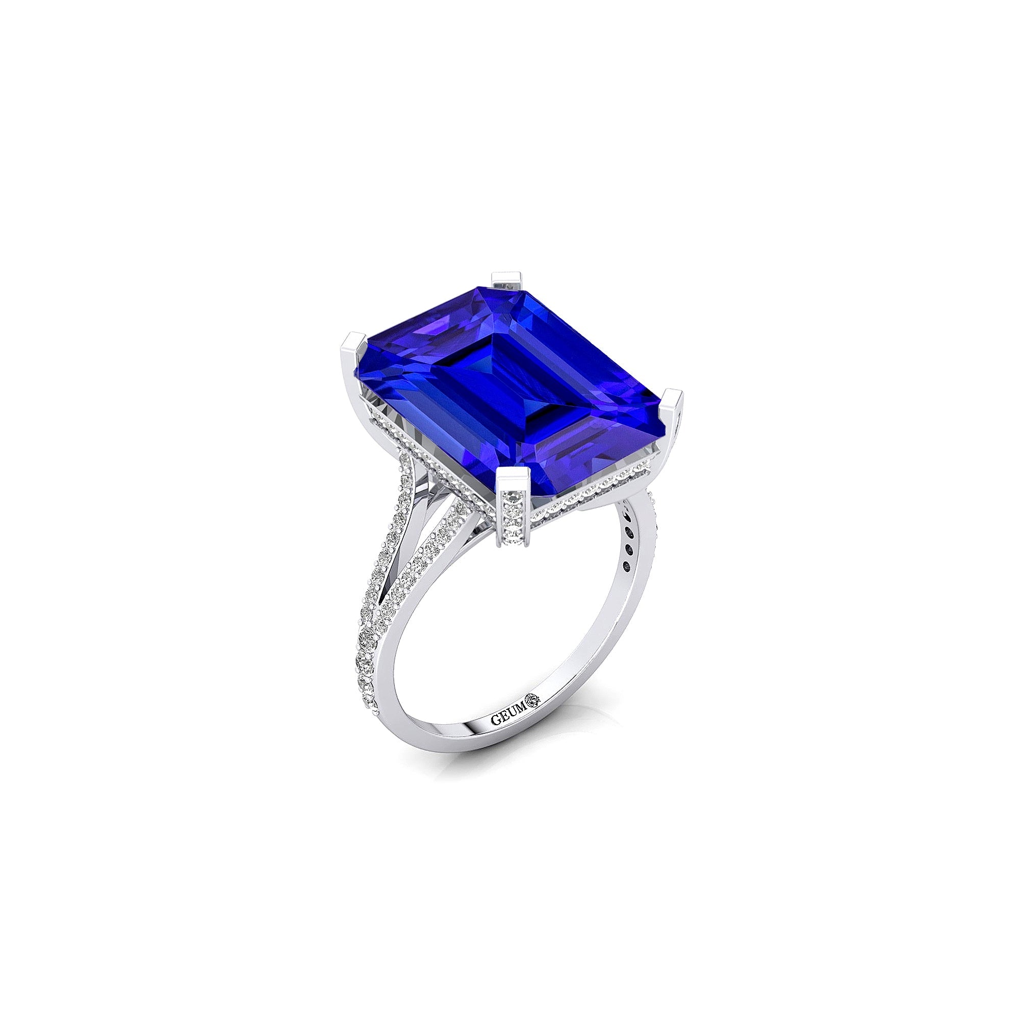 Emerald Cut Tanzanite Split Shank Engagement Ring with Diamonds - GeumJewels