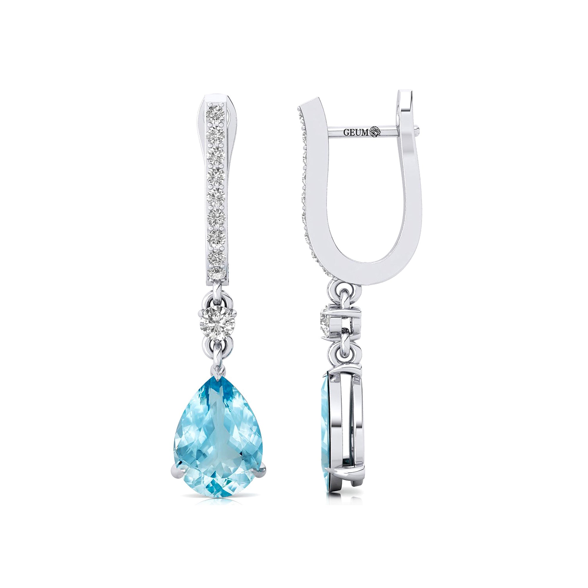 Lever Back Diamond Drop Earrings with Pear Cut Aquamarine - GeumJewels