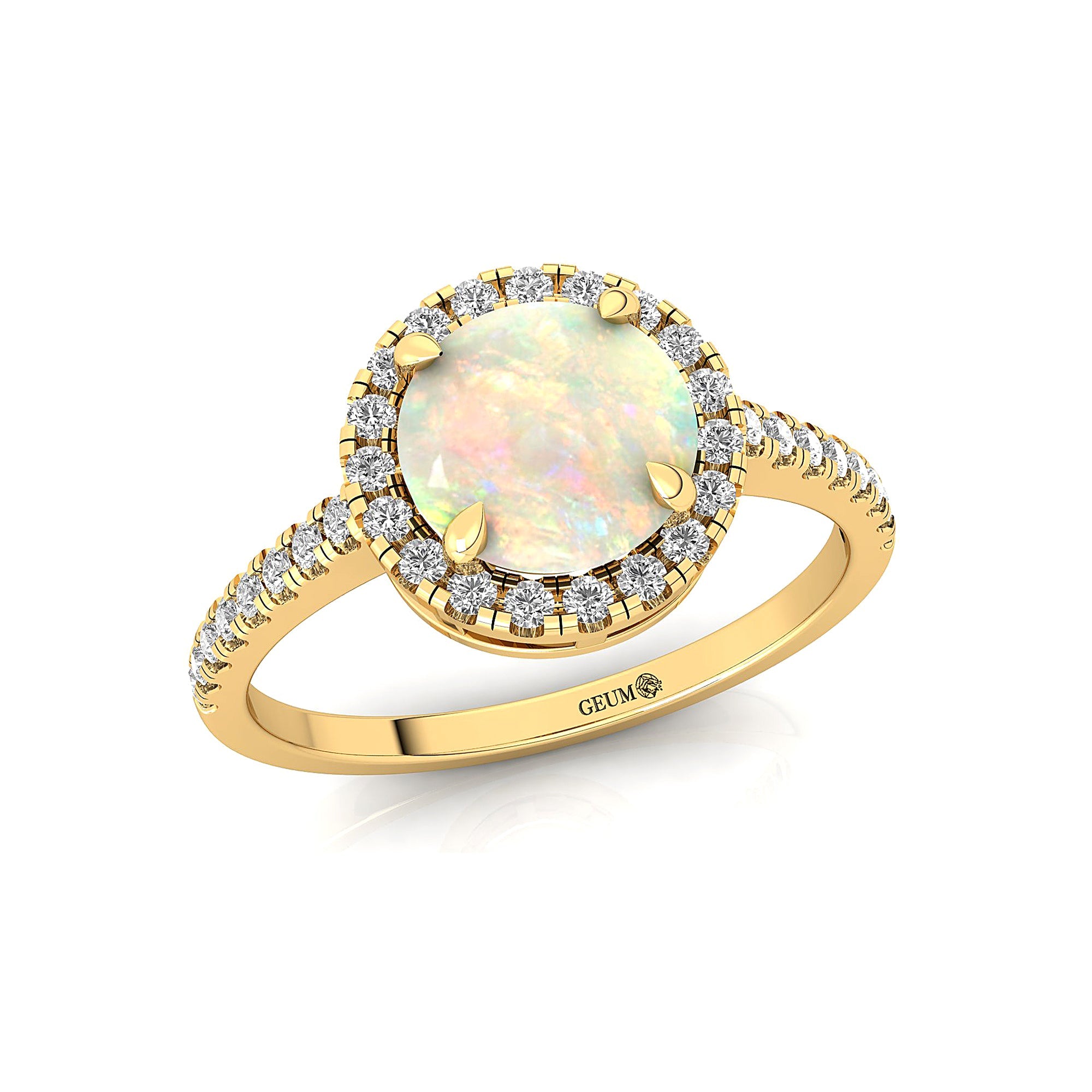 Classic Round Halo Diamonds with Solitaire Opal Engagement Ring - GeumJewels
