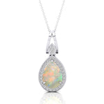 Classic Teardrop Shaped Opal Halo Diamond Dangle Pendant - GeumJewels