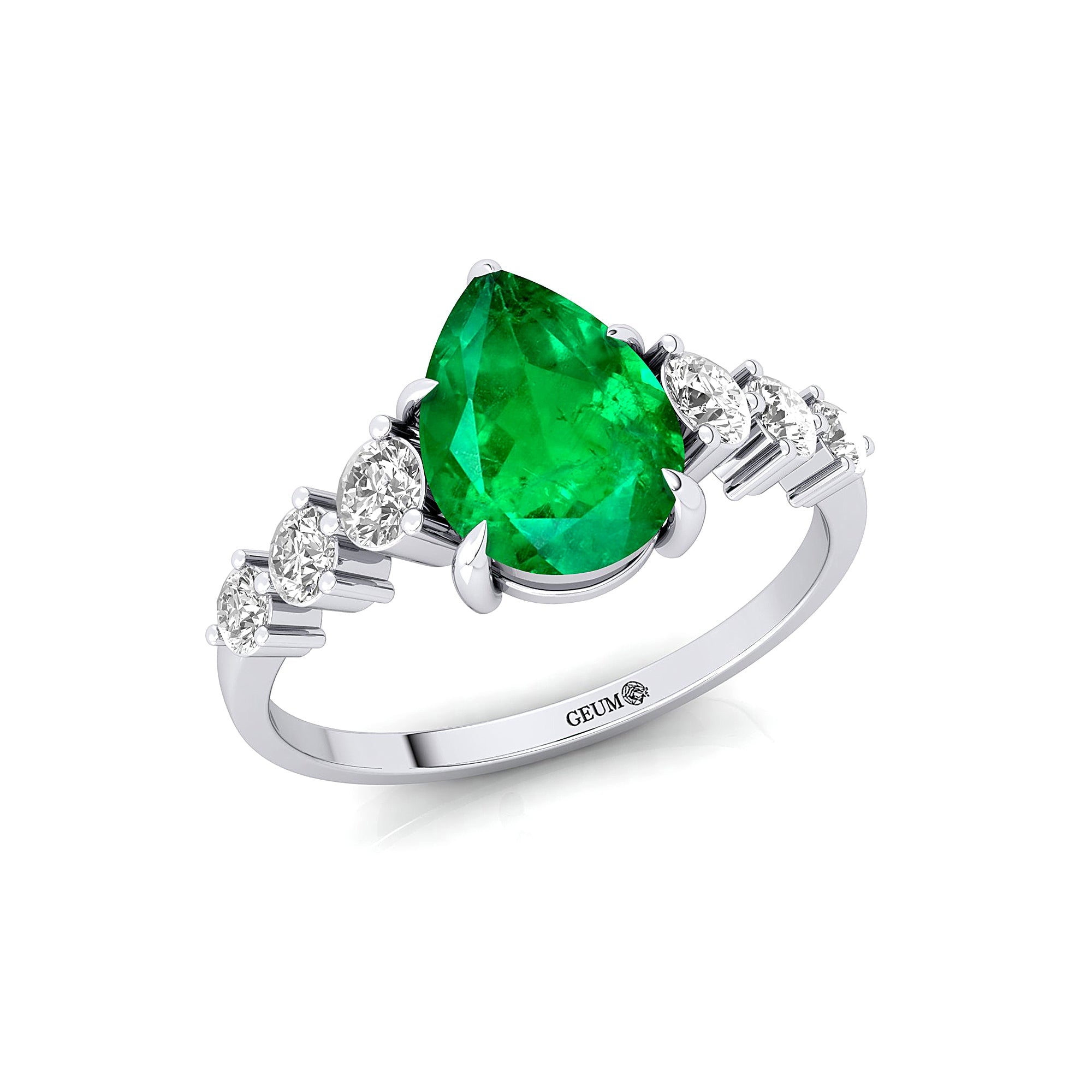 Pear Cut Emerald with Graduated Diamonds Ring - GeumJewels