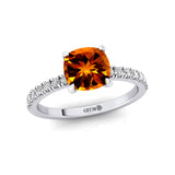 Citrine Square Cushion Under Halo Diamonds Thin Ring with Diamond Band - GeumJewels