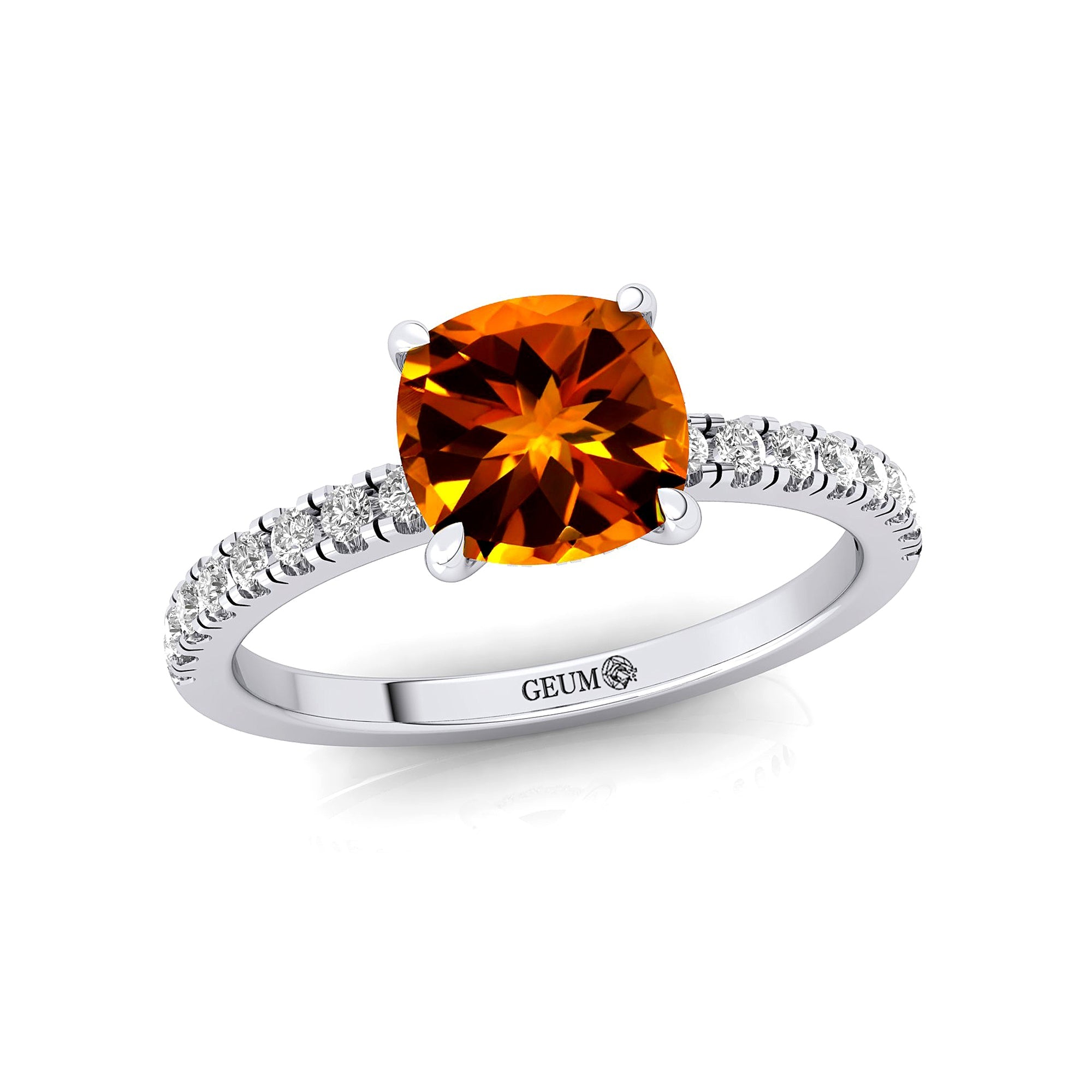 Citrine Square Cushion Under Halo Diamonds Thin Ring with Diamond Band - GeumJewels