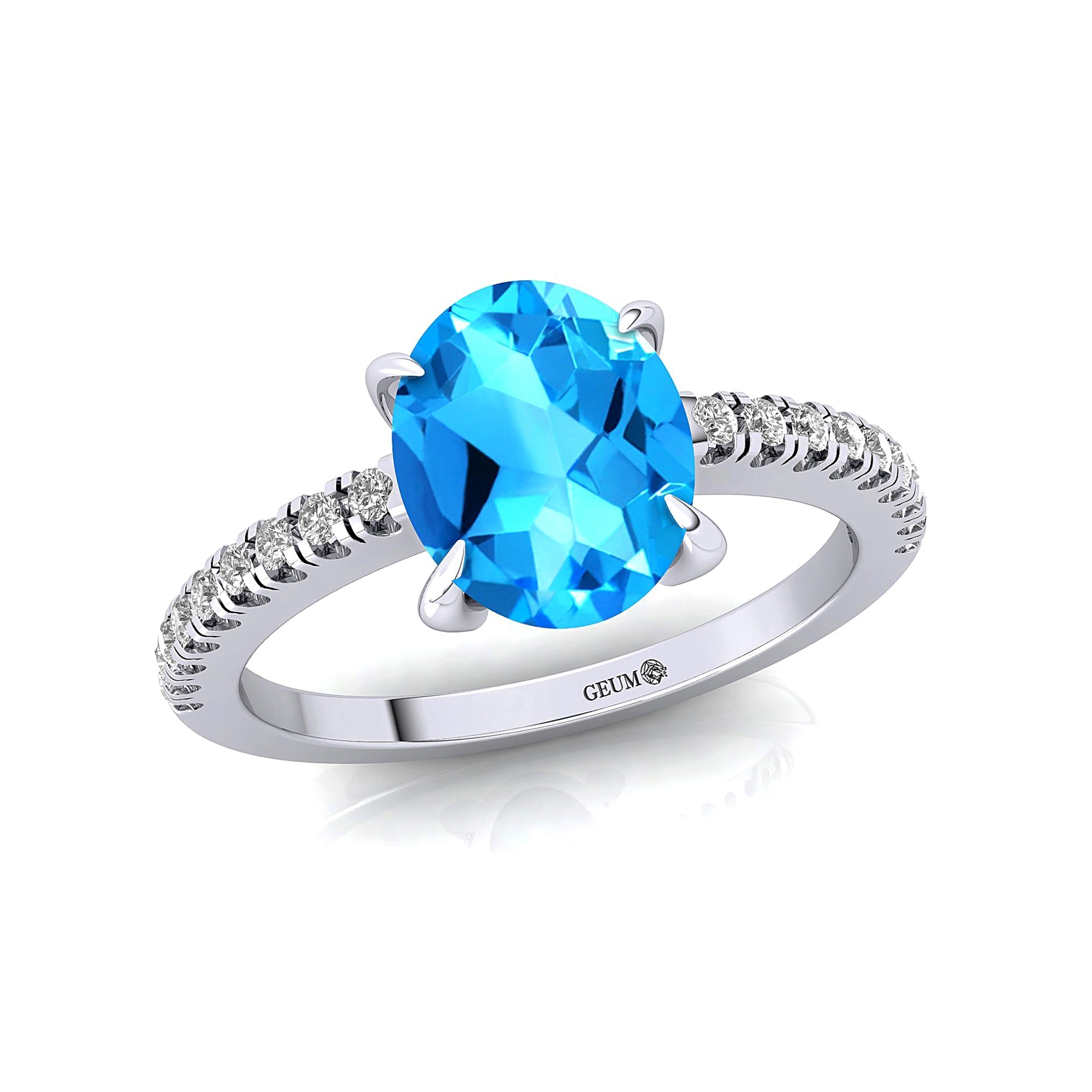 Oval Solitaire Swiss Blue Topaz with Accent Diamonds Engagement Ring - GeumJewels