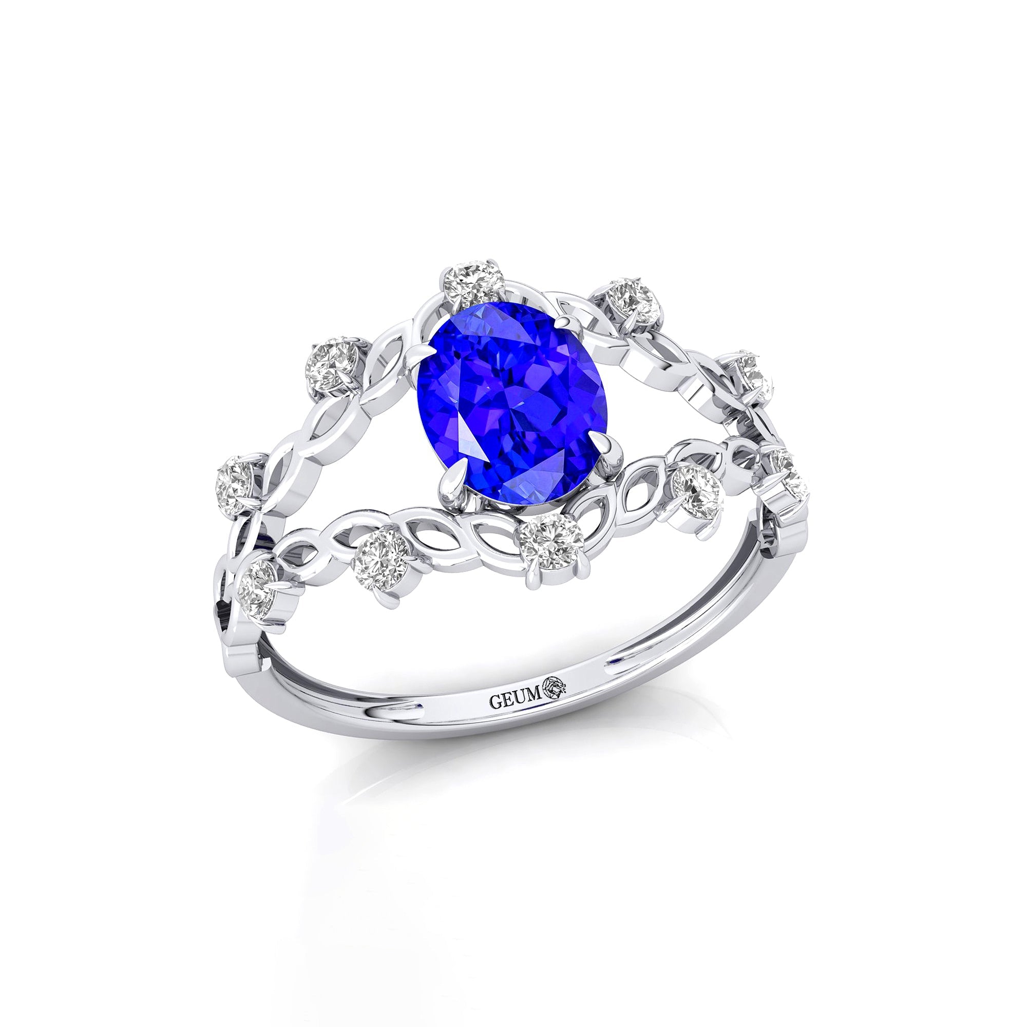 Flower Inspired Ring with Oval Shaped Tanzanite and Accent Diamonds - GeumJewels