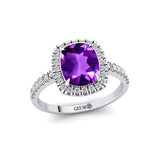 Elongated Cushion Halo Set Amethyst Engagement Ring with Diamond Band - GeumJewels