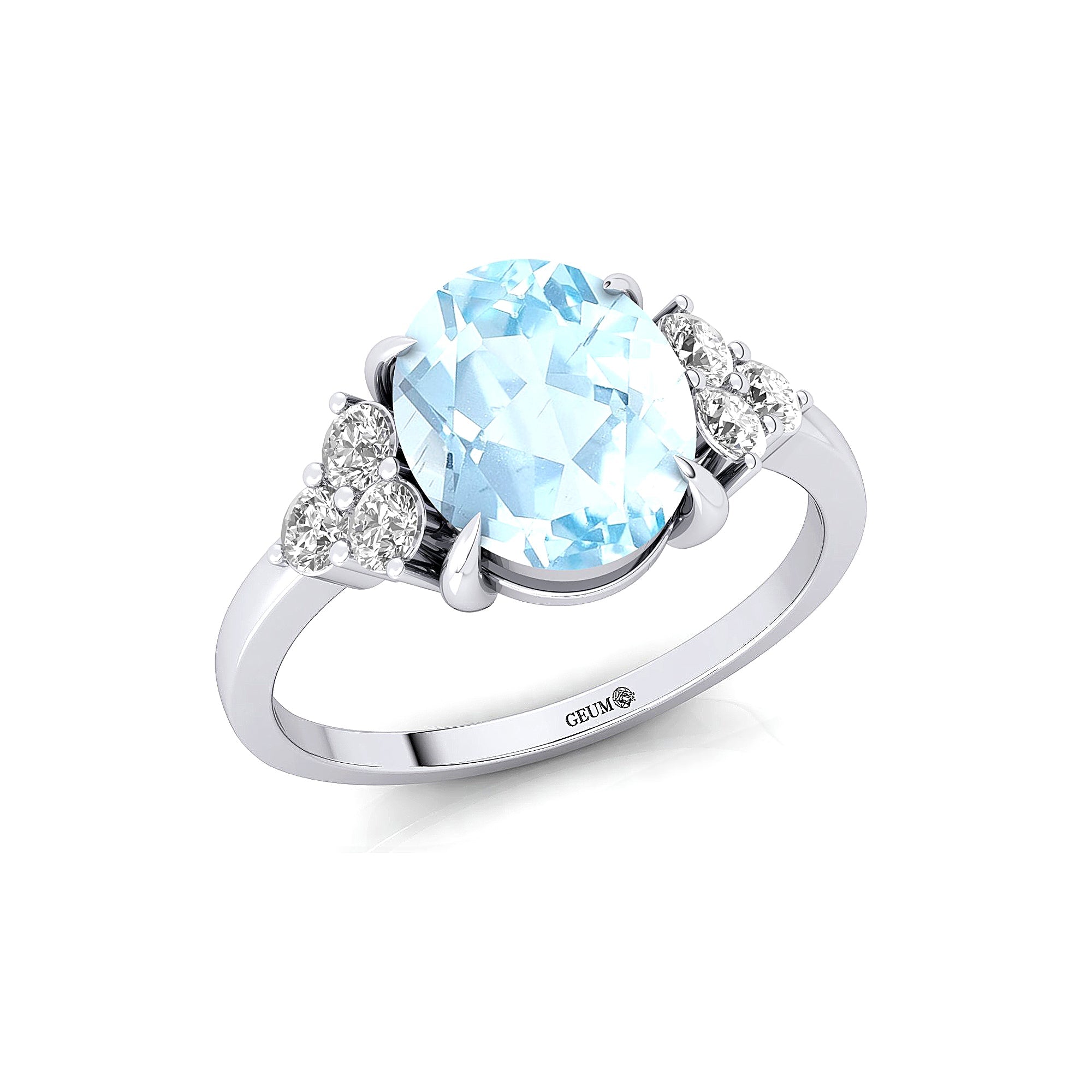 Trio Diamond Engagement Ring with Oval Cut Aquamarine - GeumJewels