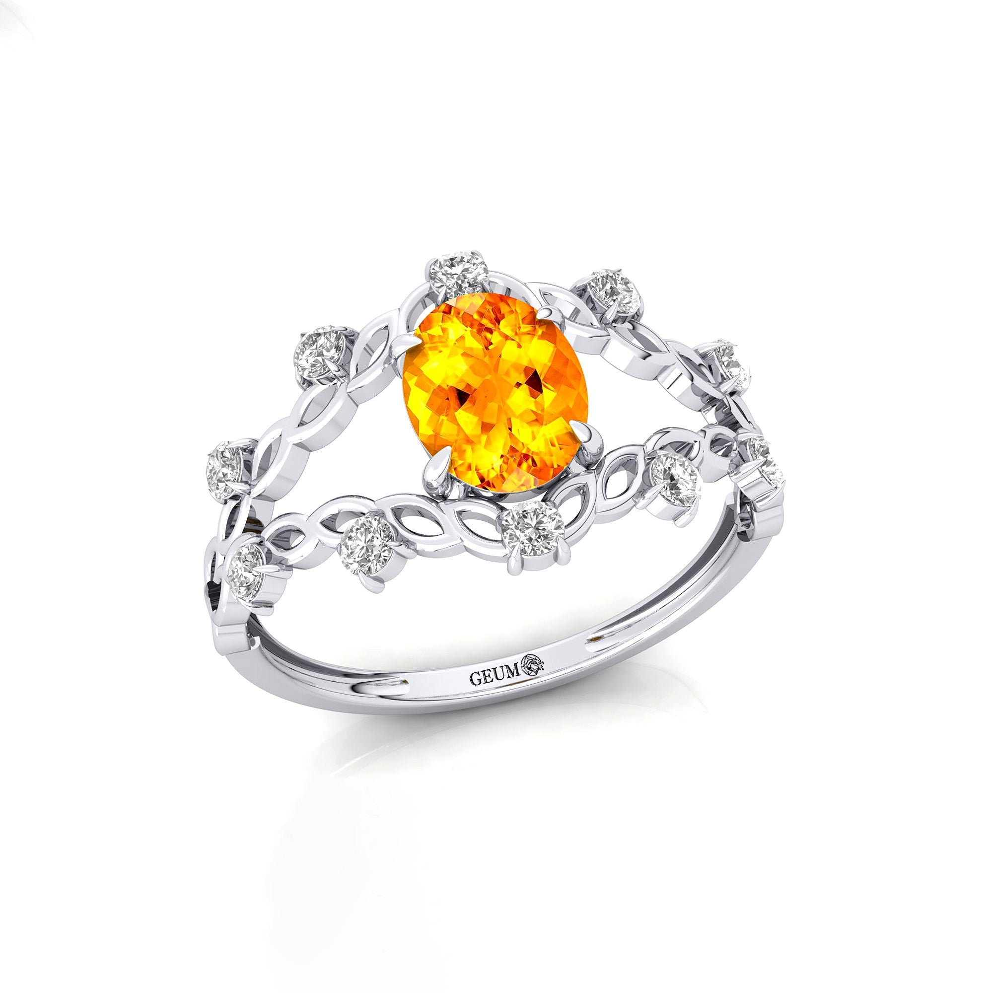 Flower Inspired Ring with Oval Shaped Citrine and Accent Diamonds - GeumJewels