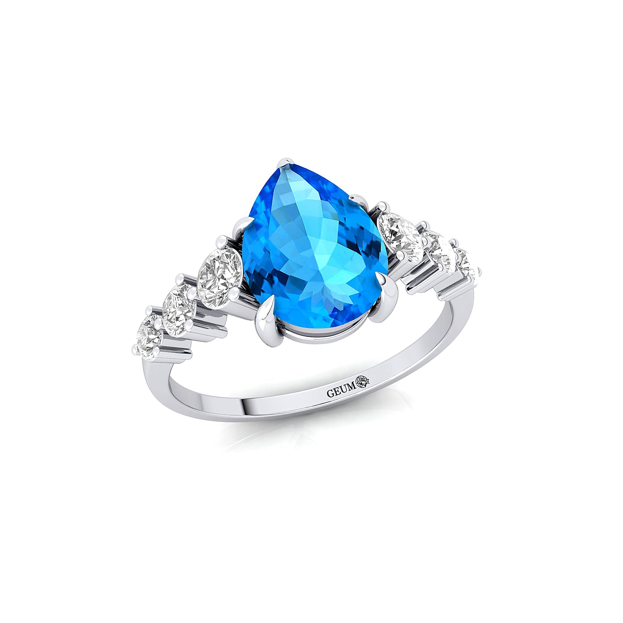 Pear Cut Swiss Blue Topaz with Graduated Diamonds Ring - GeumJewels