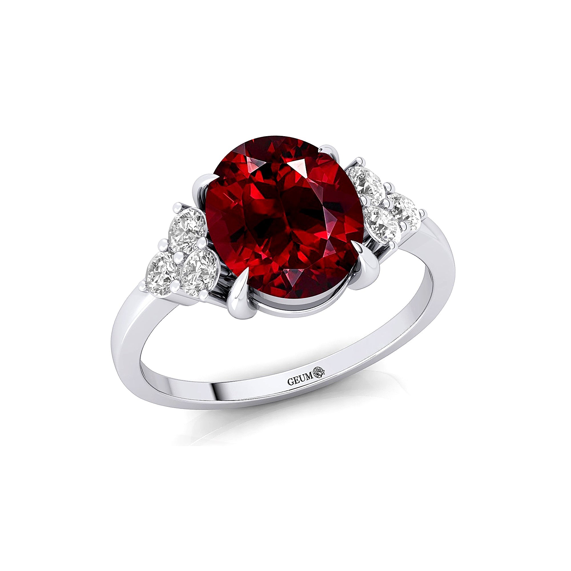 Trio Diamond Engagement Ring with Oval Cut Garnet - GeumJewels