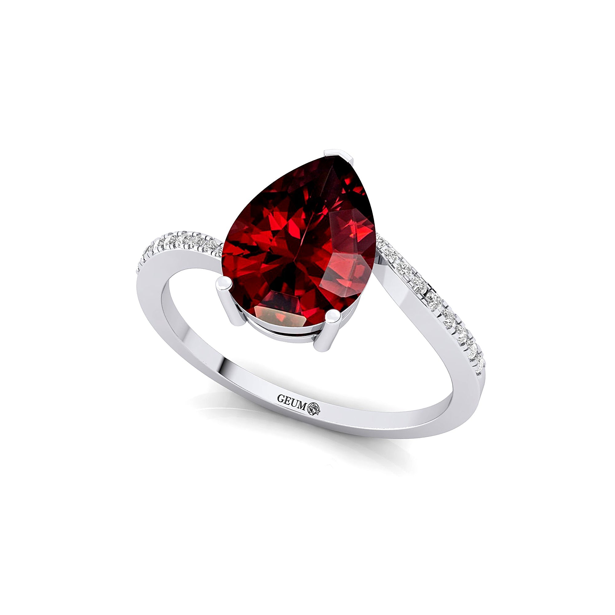Twisted Up Down Band Pear Shaped Garnet Ring with Accent Diamonds - GeumJewels