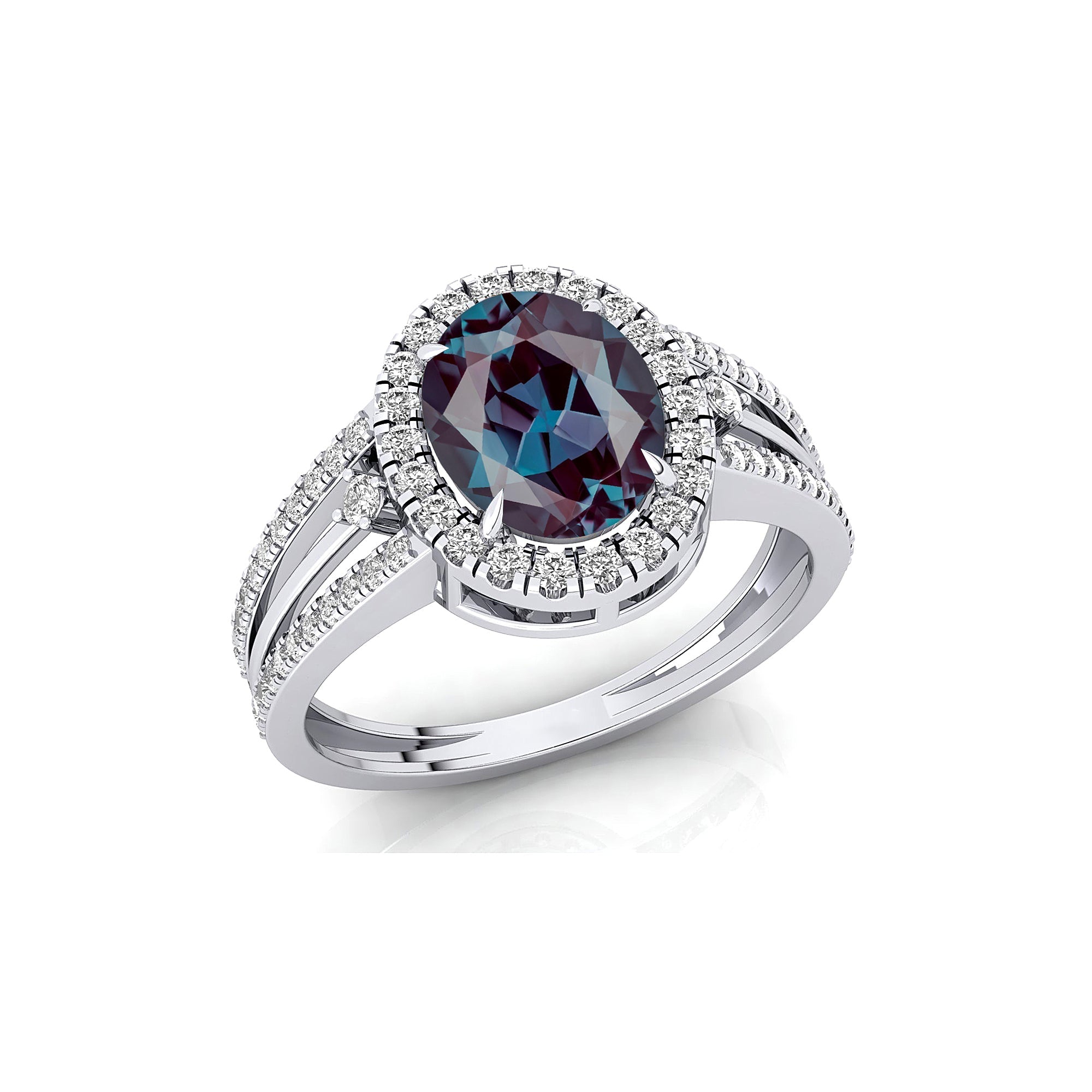 Solitaire Oval Alexandrite Split Shank Diamond Engagement Ring - GeumJewels