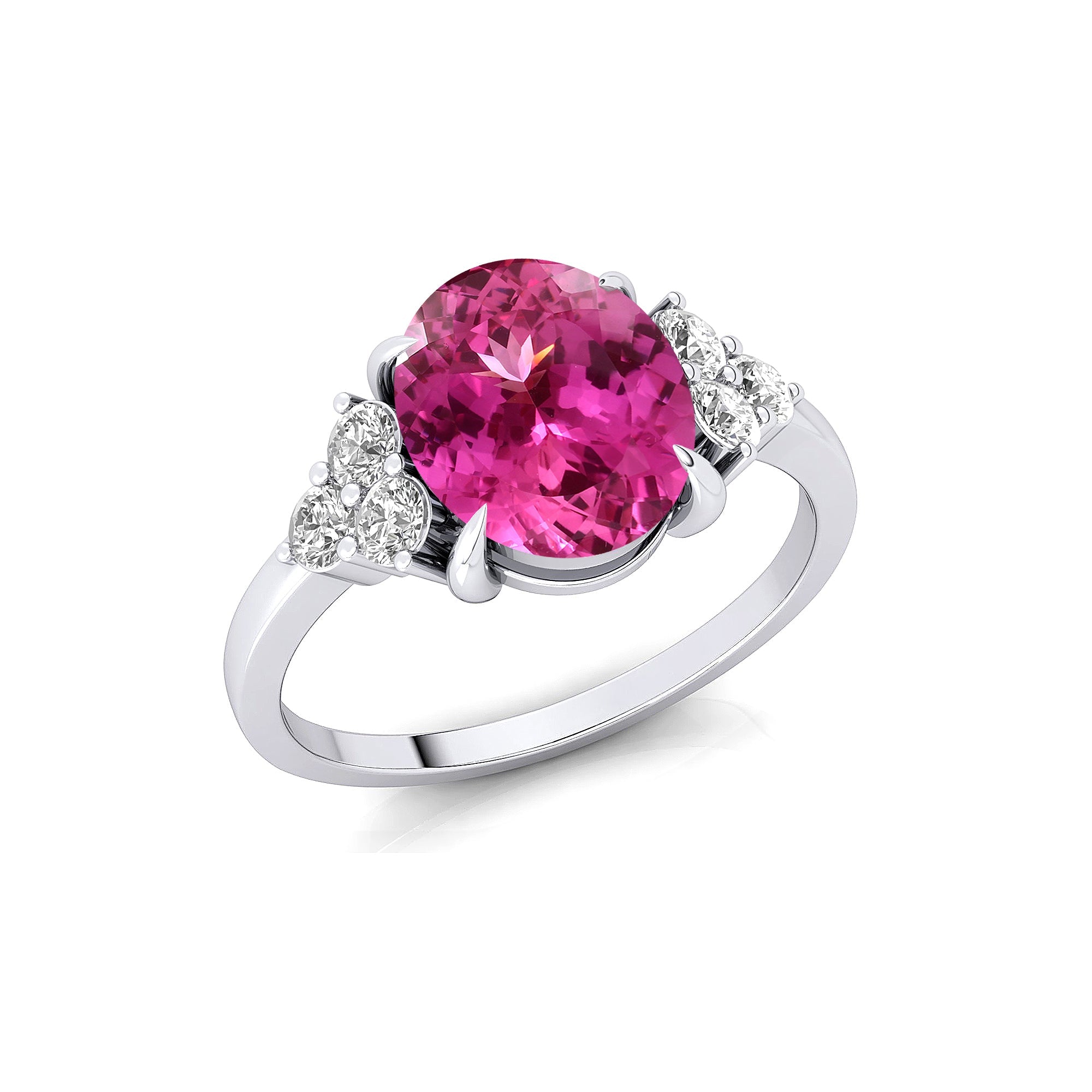 Trio Diamond Engagement Ring with Oval Cut Pink Sapphire - GeumJewels
