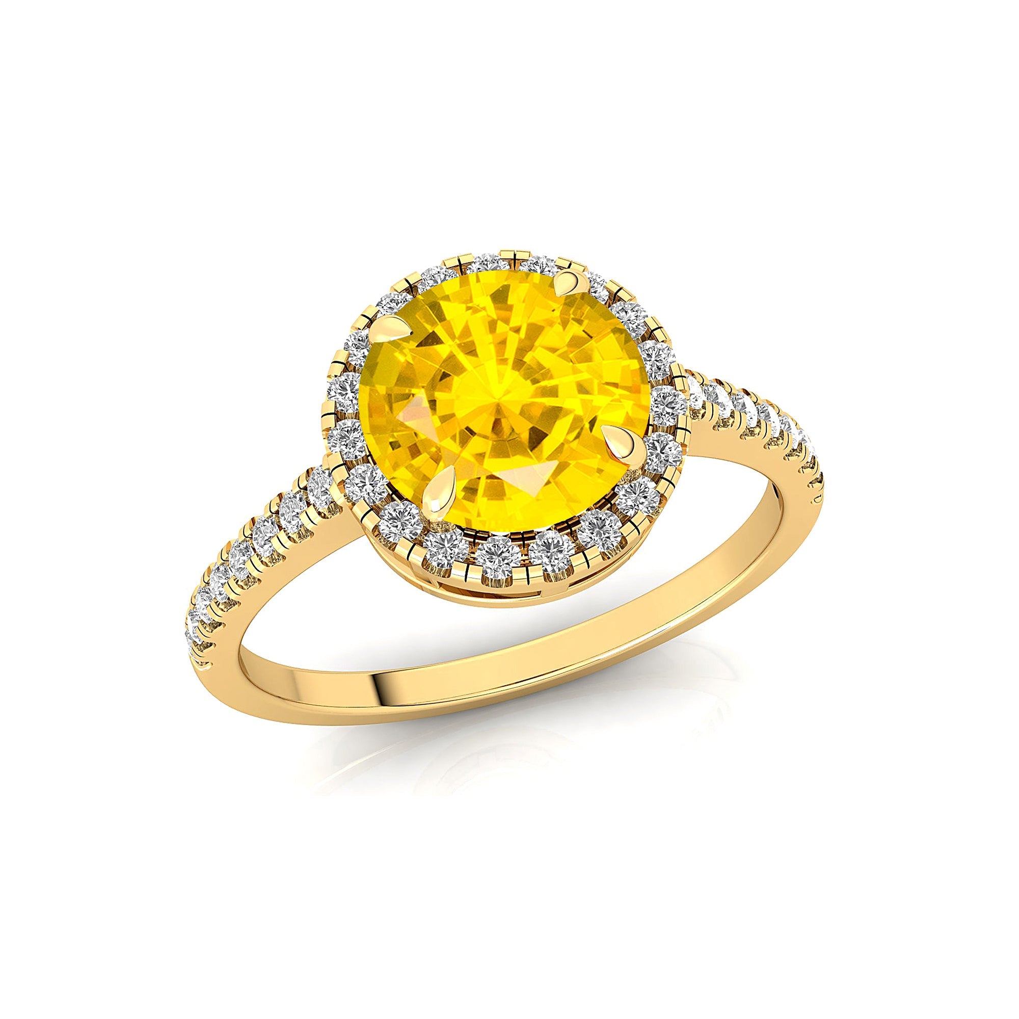 Classic Round Halo Diamonds with Solitaire Yellow Sapphire Engagement Ring - GeumJewels
