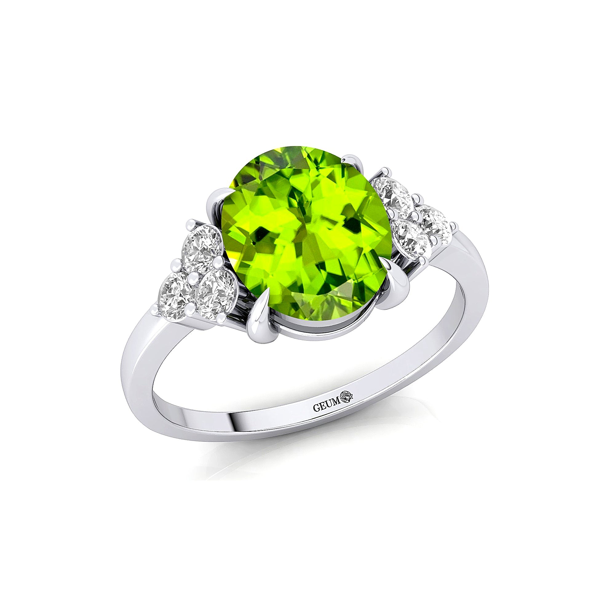 Trio Diamond Engagement Ring with Oval Cut Peridot - GeumJewels