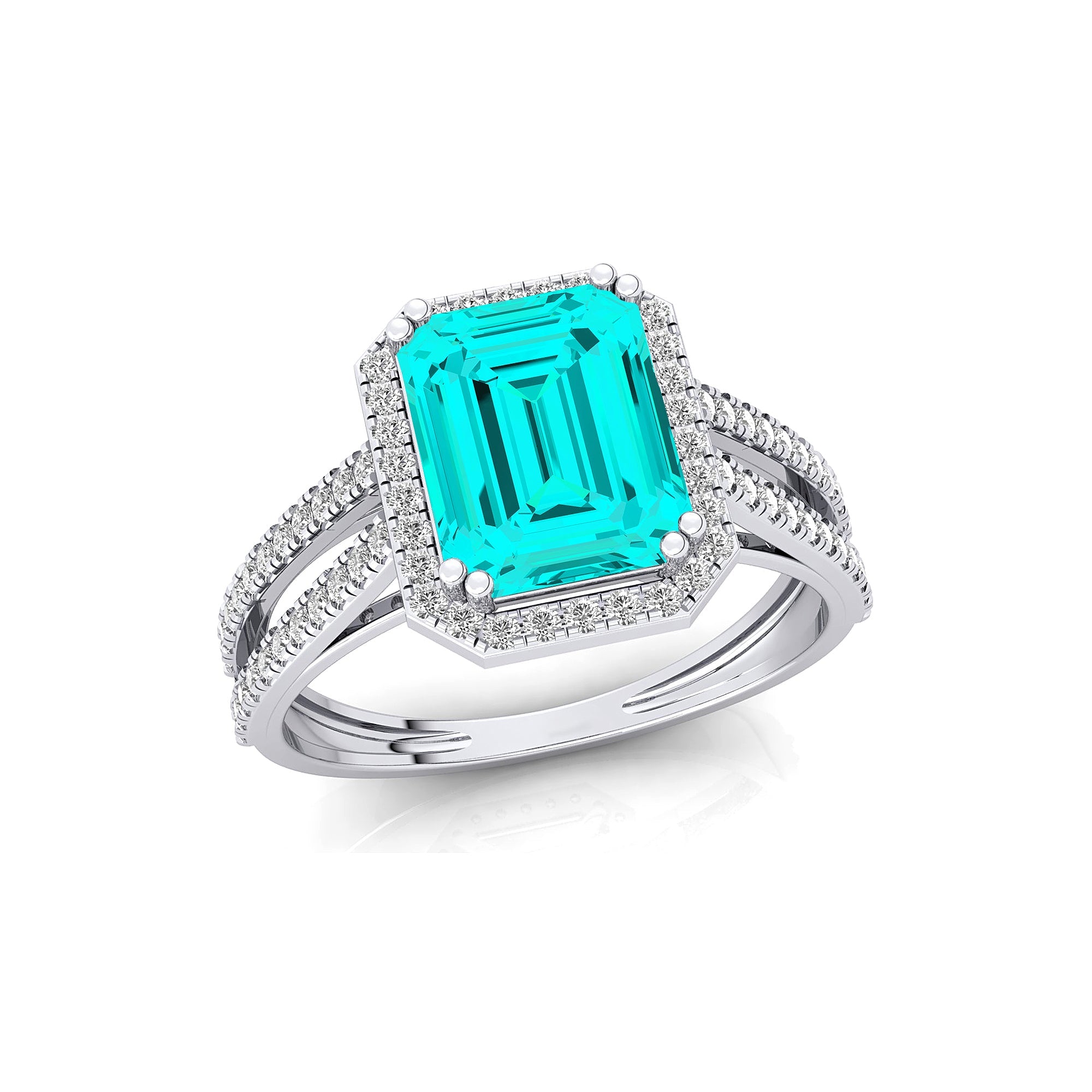 Halo Set Emerald Shaped Paraiba Tourmaline Split Shank Ring with Accent Diamonds - GeumJewels