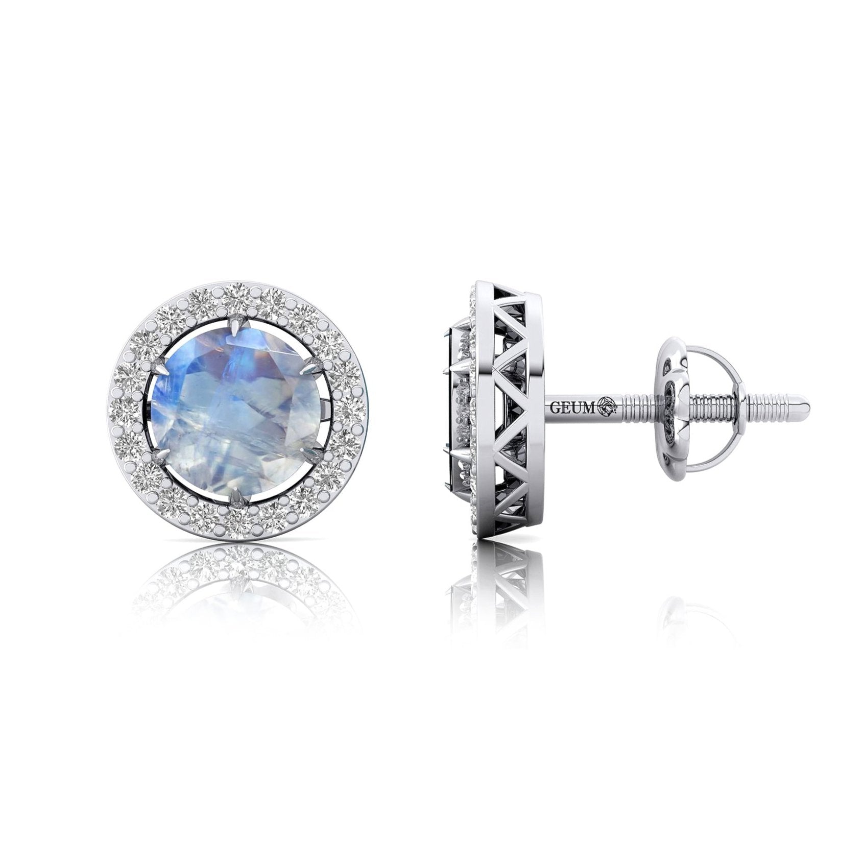 Round Solitaire Moonstone Halo Diamond Stud Earrings - GeumJewels