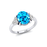 Trio Diamond Engagement Ring with Oval Cut Swiss Blue Topaz - GeumJewels