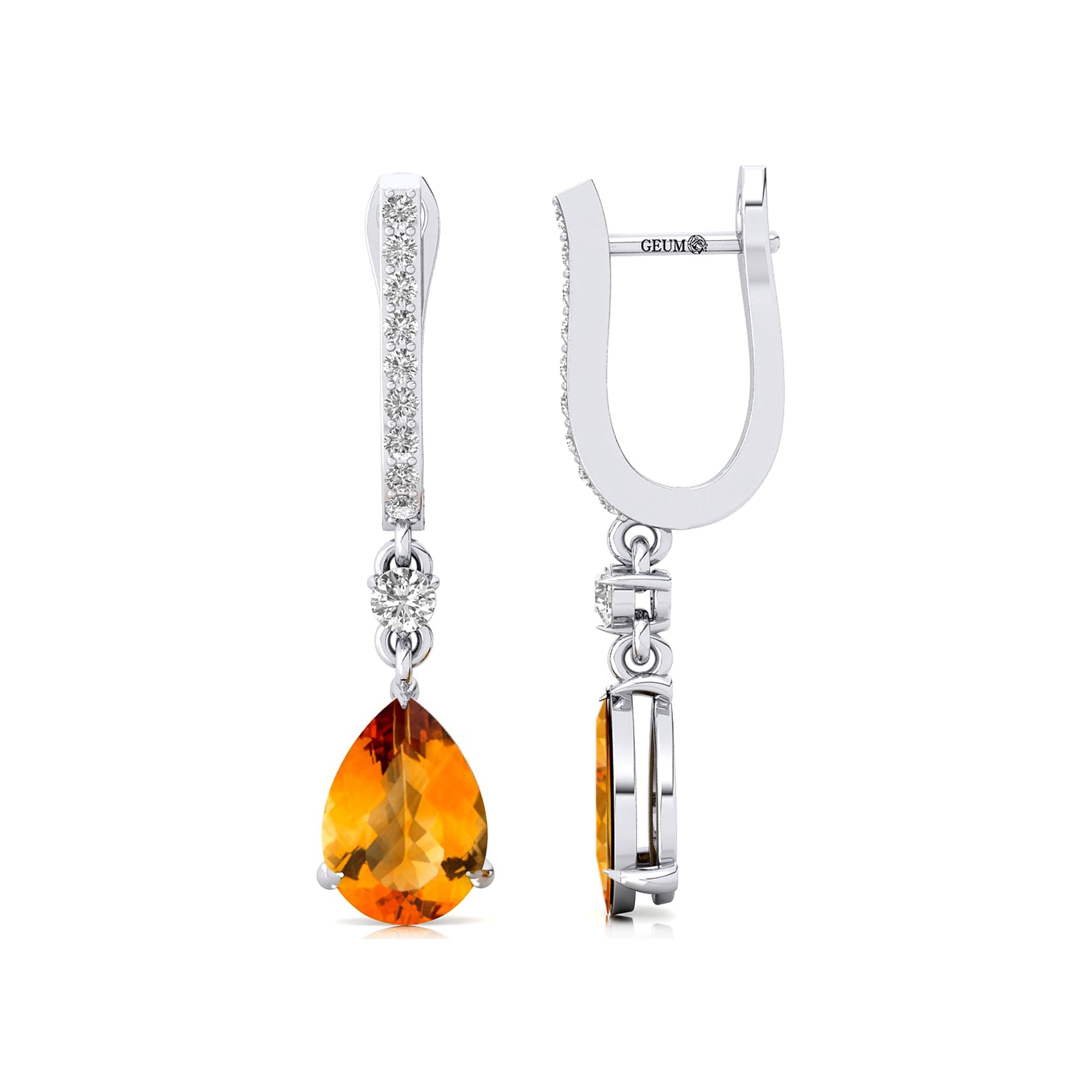 Lever Back Diamond Drop Earrings with Pear Cut Citrine - GeumJewels