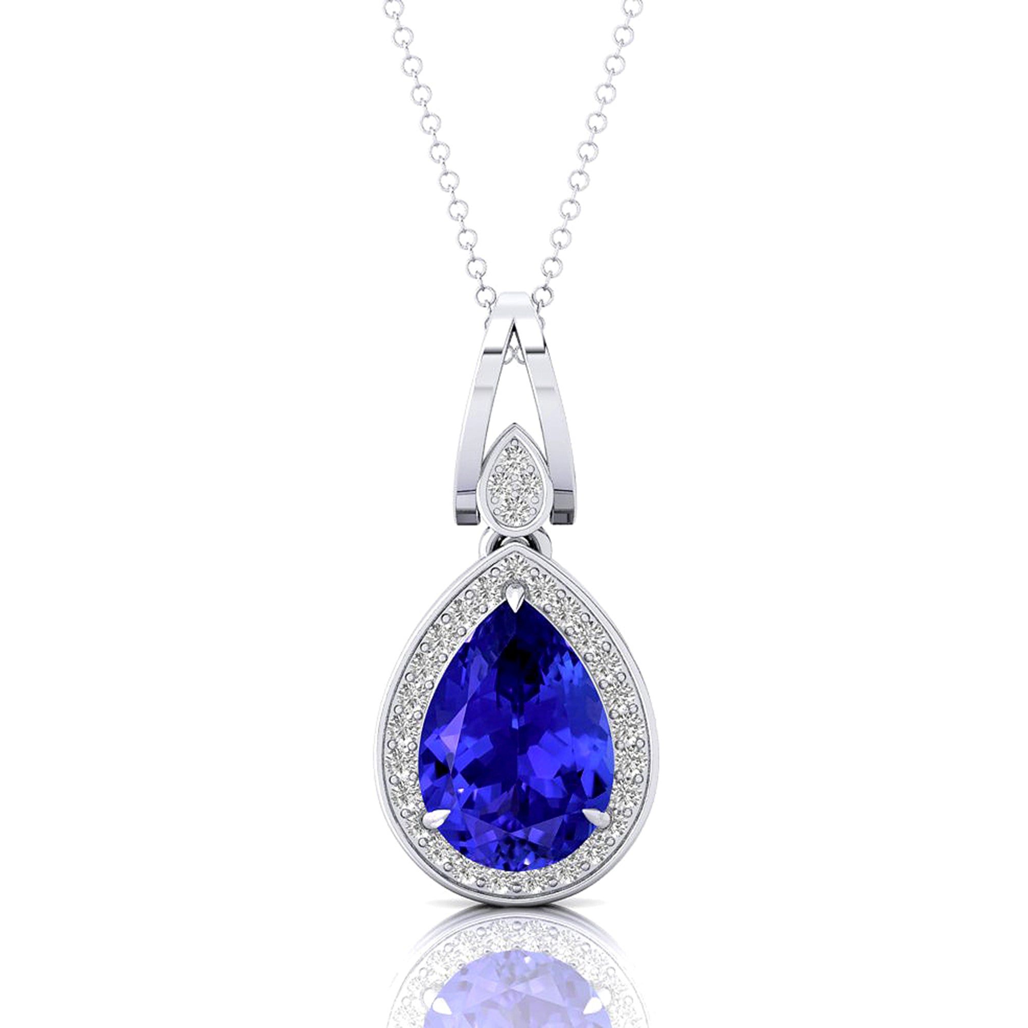 Classic Teardrop Shaped Tanzanite Halo Diamond Dangle Pendant - GeumJewels