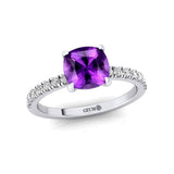 Amethyst Square Cushion Under Halo Diamonds Thin Ring with Diamond Band - GeumJewels