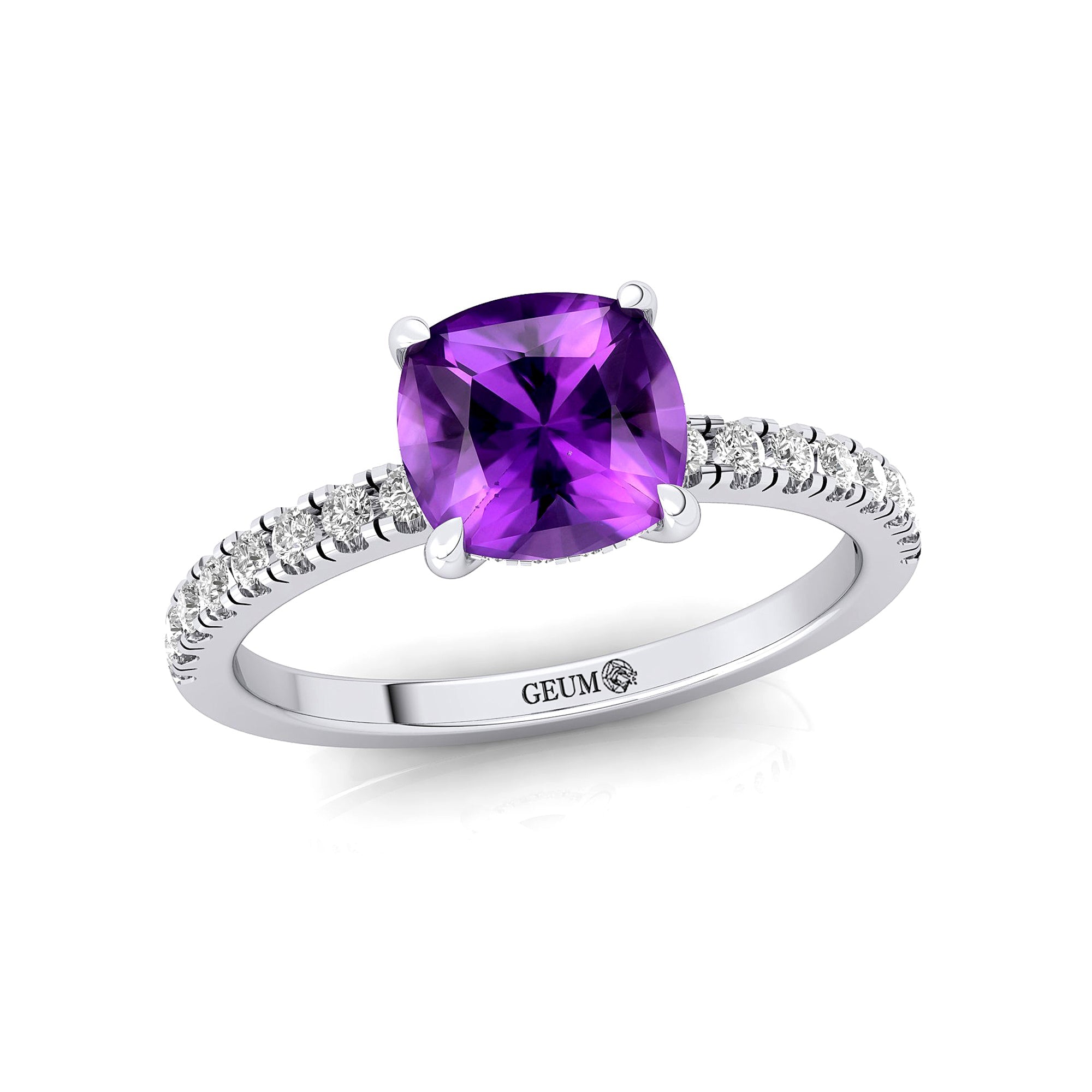 Amethyst Square Cushion Under Halo Diamonds Thin Ring with Diamond Band - GeumJewels