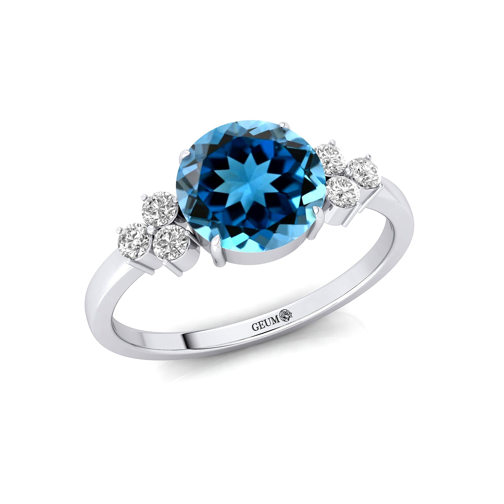 Trio Diamond Engagement Ring with Round Solitaire London Blue Topaz - GeumJewels