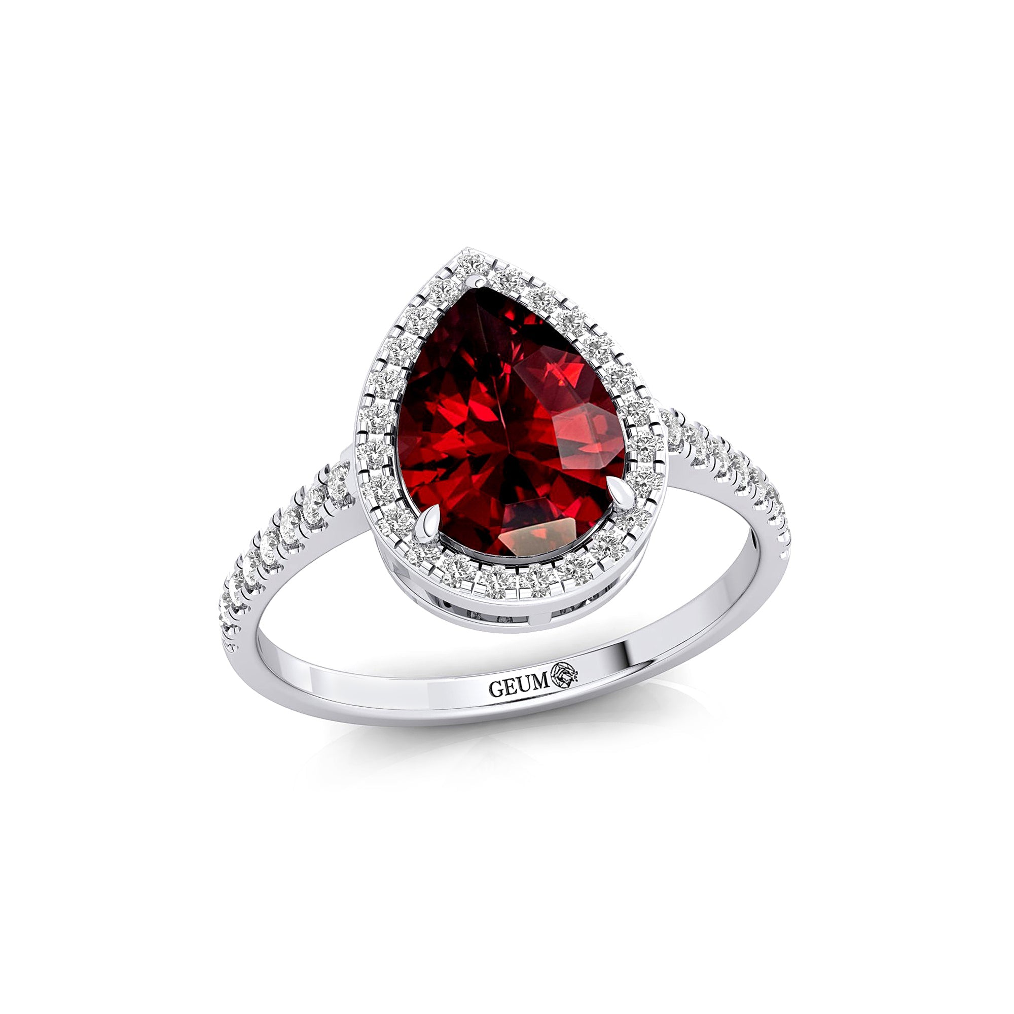 Classic Pear Shaped Garnet Halo Diamond Engagement Ring - GeumJewels