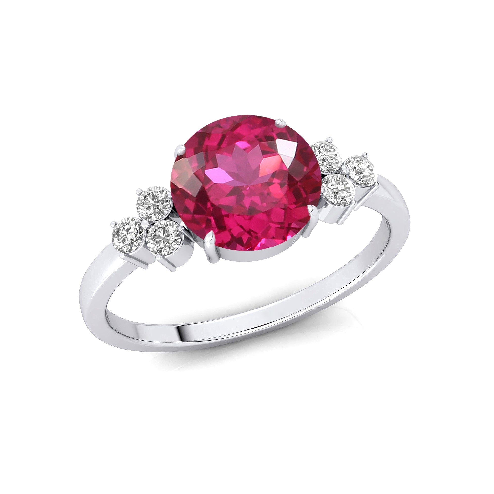 Trio Diamond Engagement Ring with Round Solitaire Pink Sapphire - GeumJewels