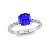 Tanzanite Square Cushion Under Halo Diamonds Thin Ring with Diamond Band - GeumJewels