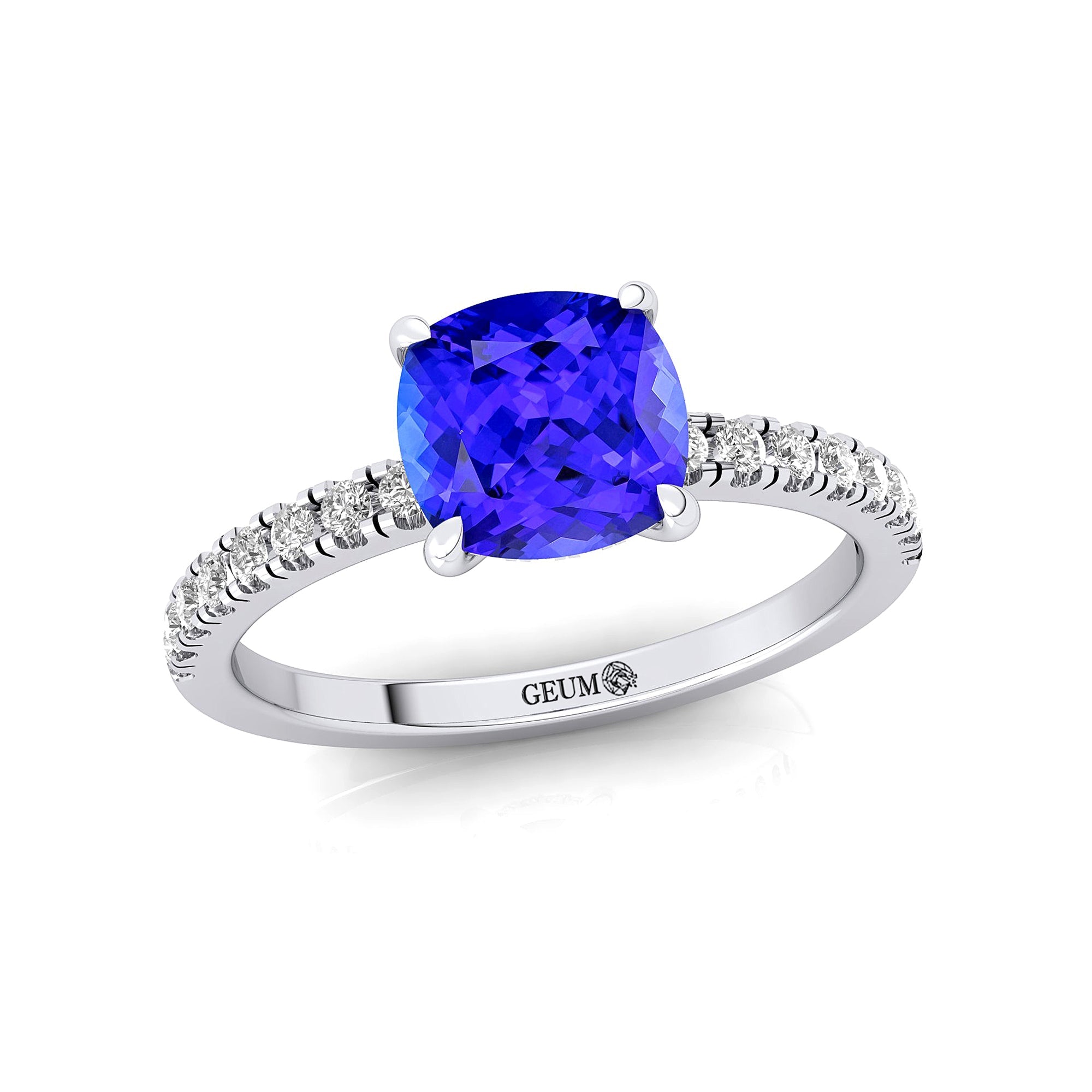Tanzanite Square Cushion Under Halo Diamonds Thin Ring with Diamond Band - GeumJewels