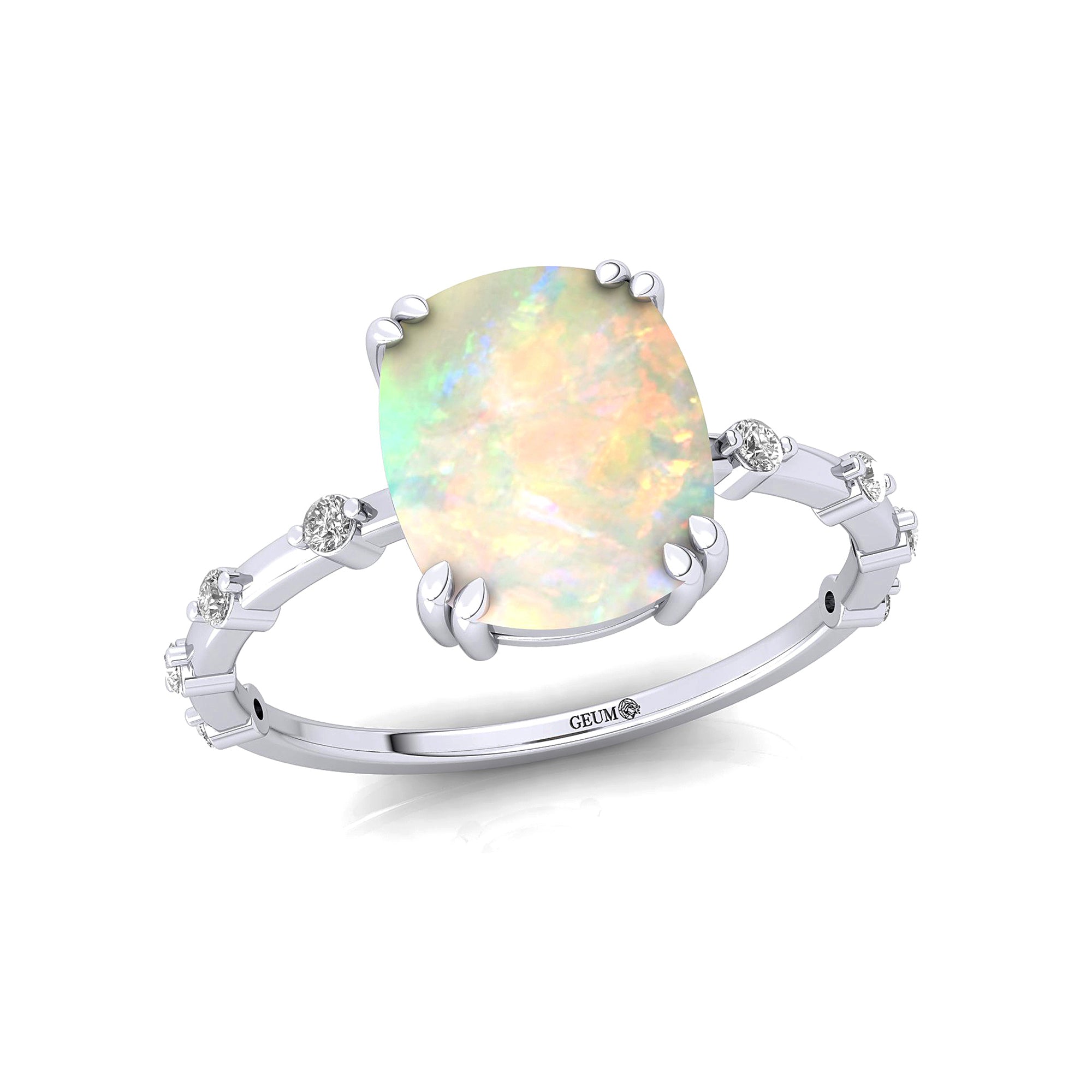Cushion Cut Opal Engagement Ring with Distant Diamond Band - GeumJewels