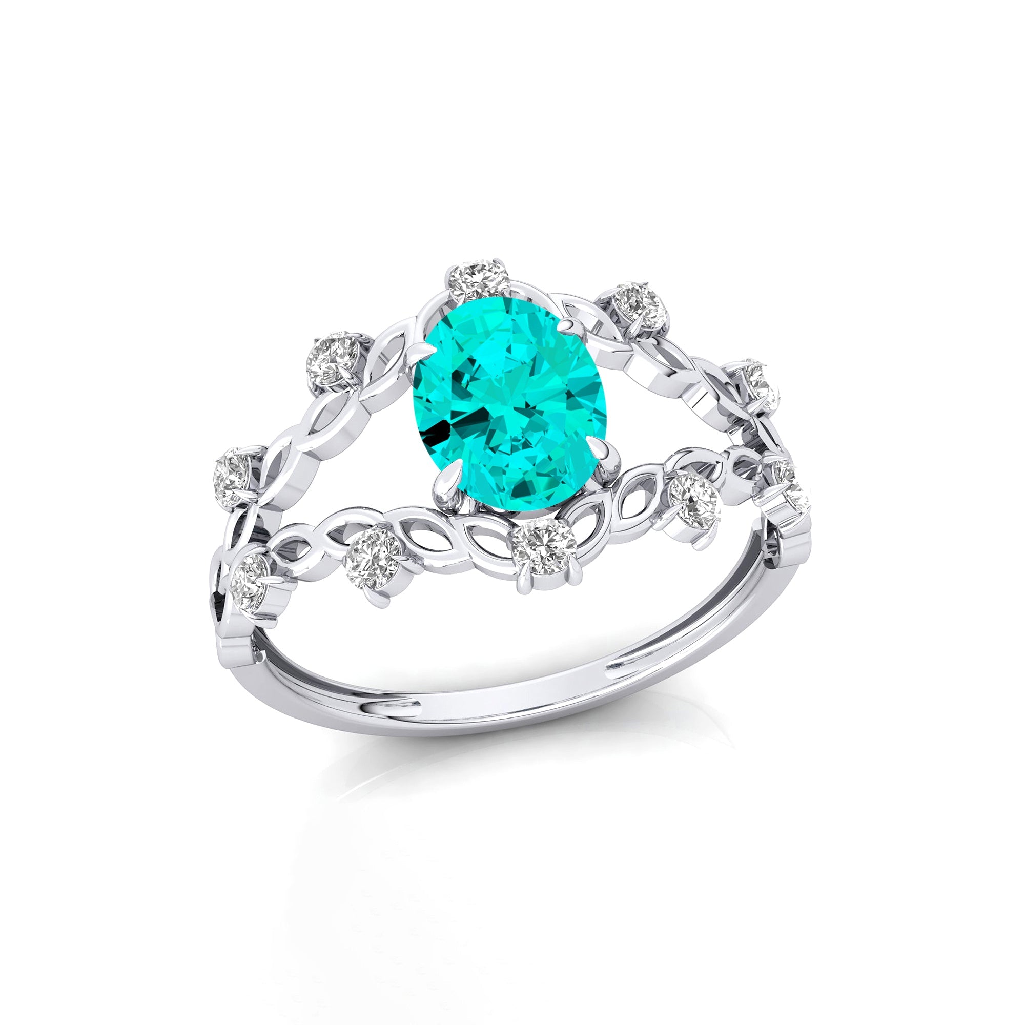 Flower Inspired Ring with Oval Shaped Paraiba Tourmaline and Accent Diamonds - GeumJewels