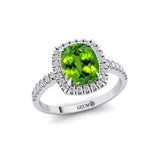 Elongated Cushion Halo Set Peridot Engagement Ring with Diamond Band - GeumJewels