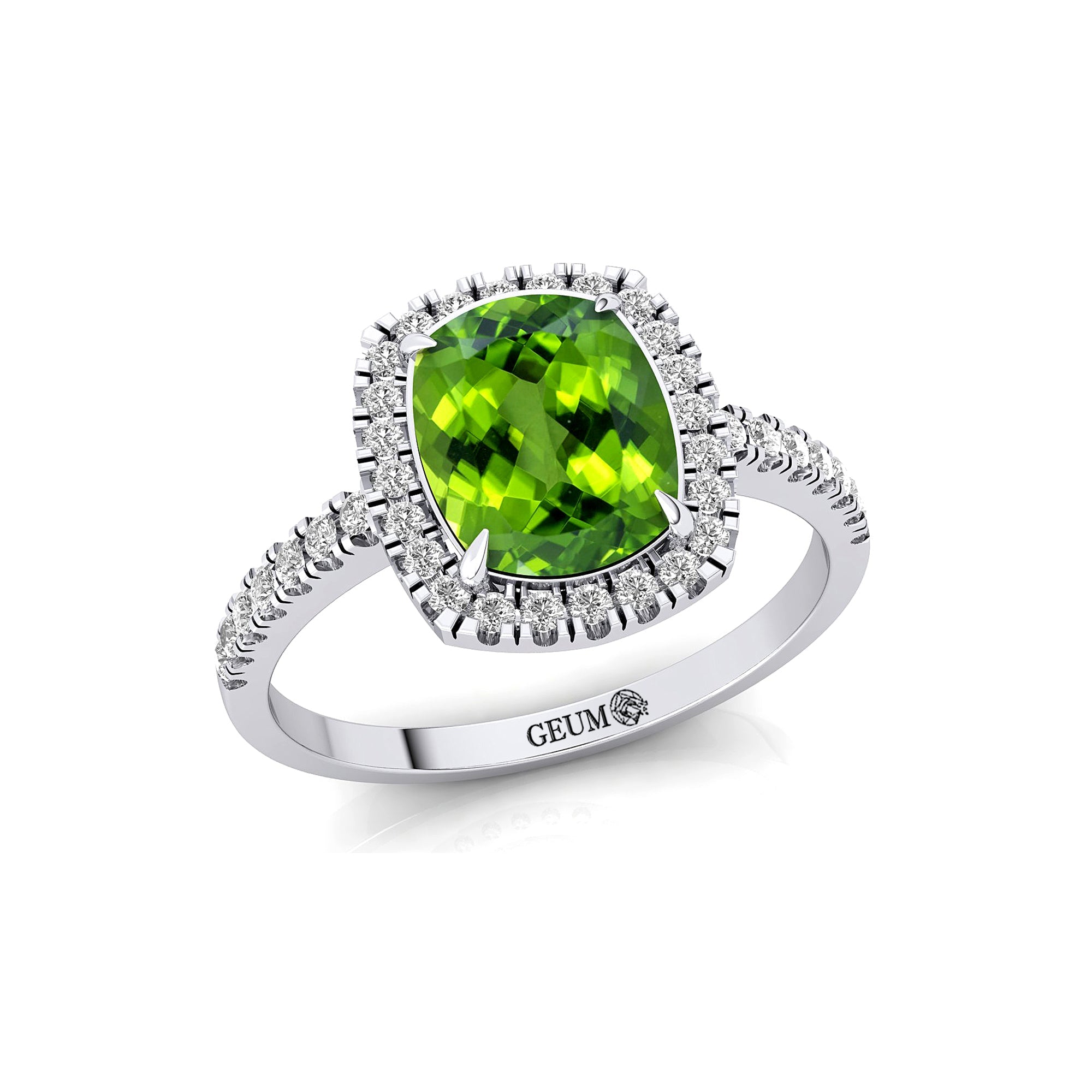 Elongated Cushion Halo Set Peridot Engagement Ring with Diamond Band - GeumJewels
