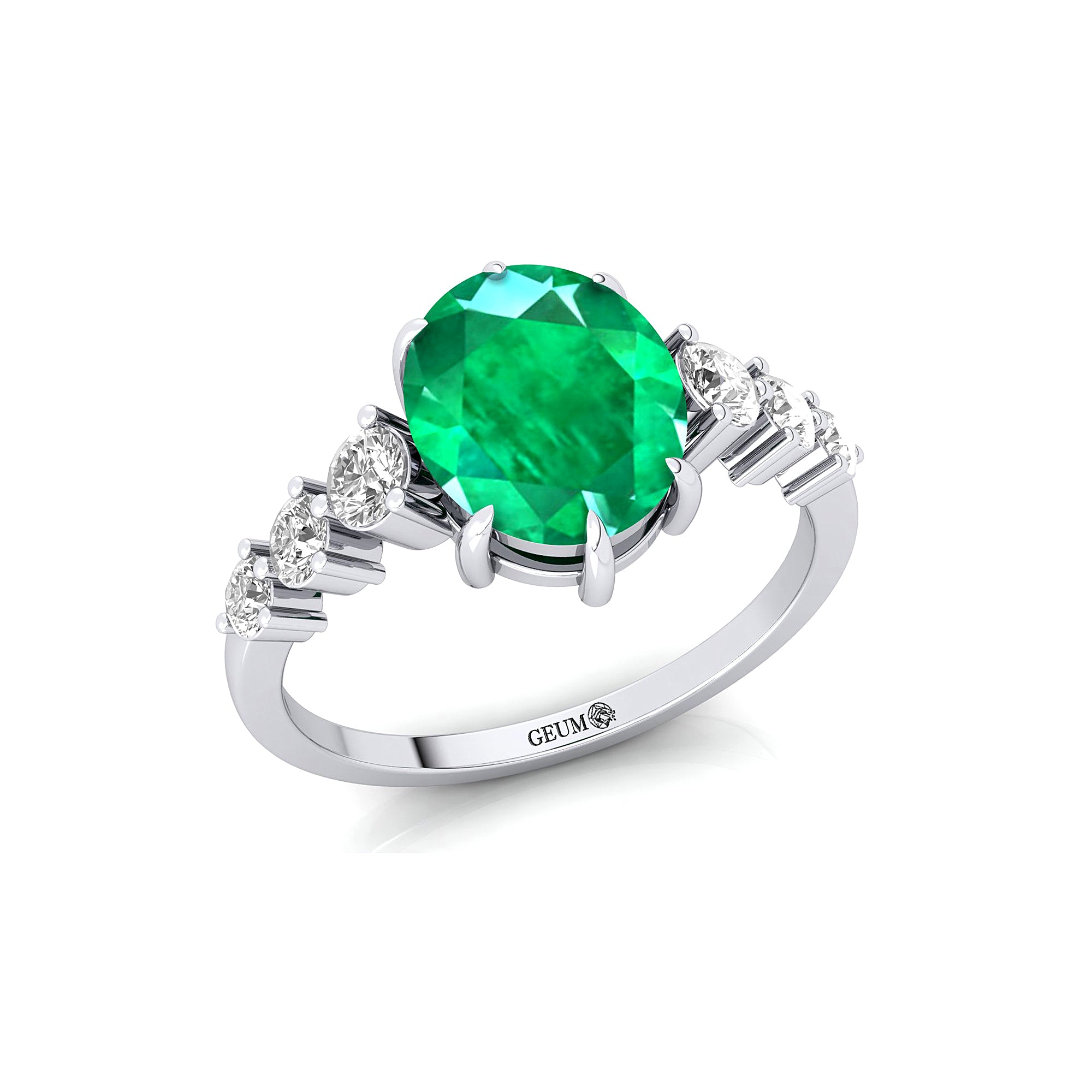 Oval Cut Emerald with Graduated Diamonds Ring - GeumJewels
