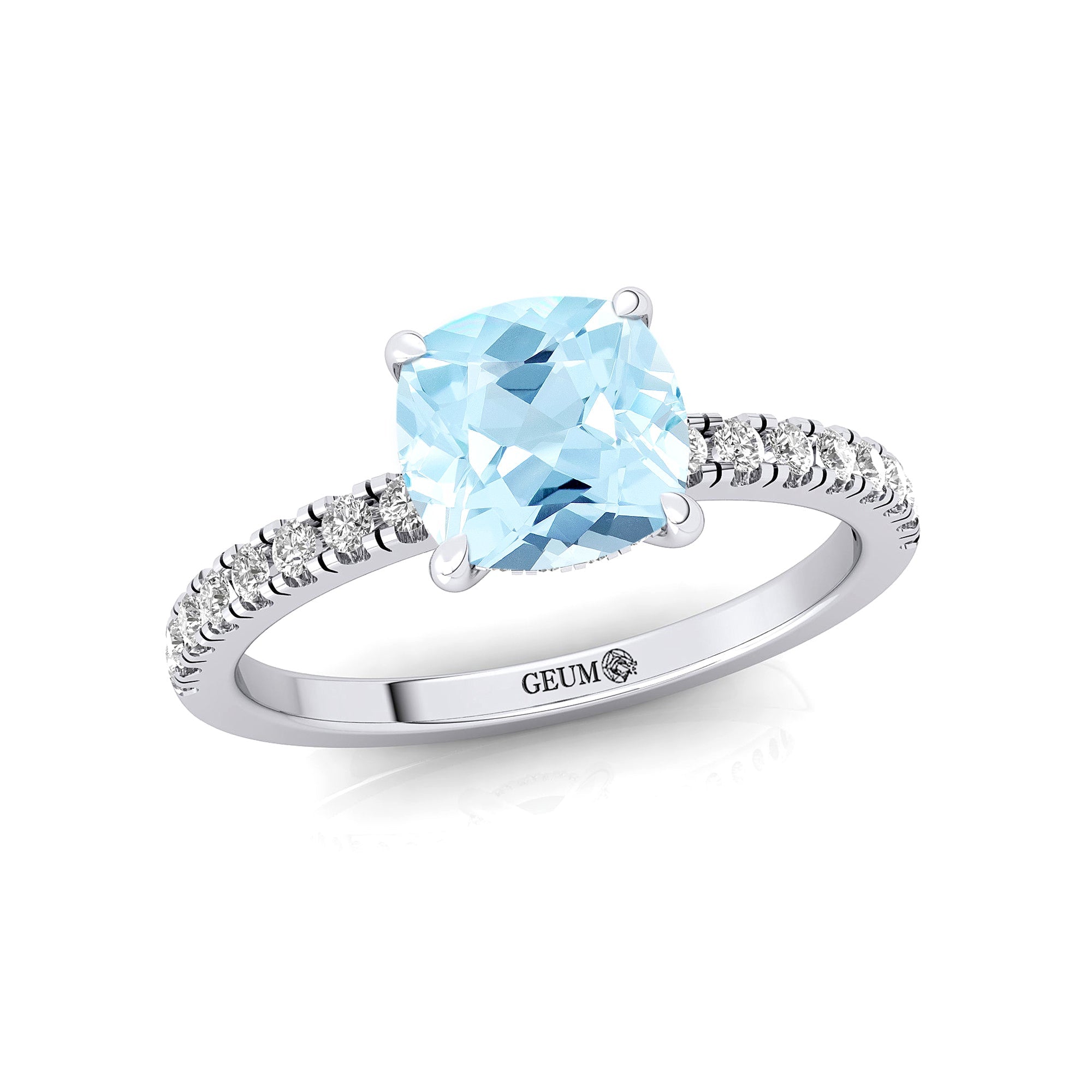 Aquamarine Square Cushion Under Halo Diamonds Thin Ring with Diamond Band - GeumJewels