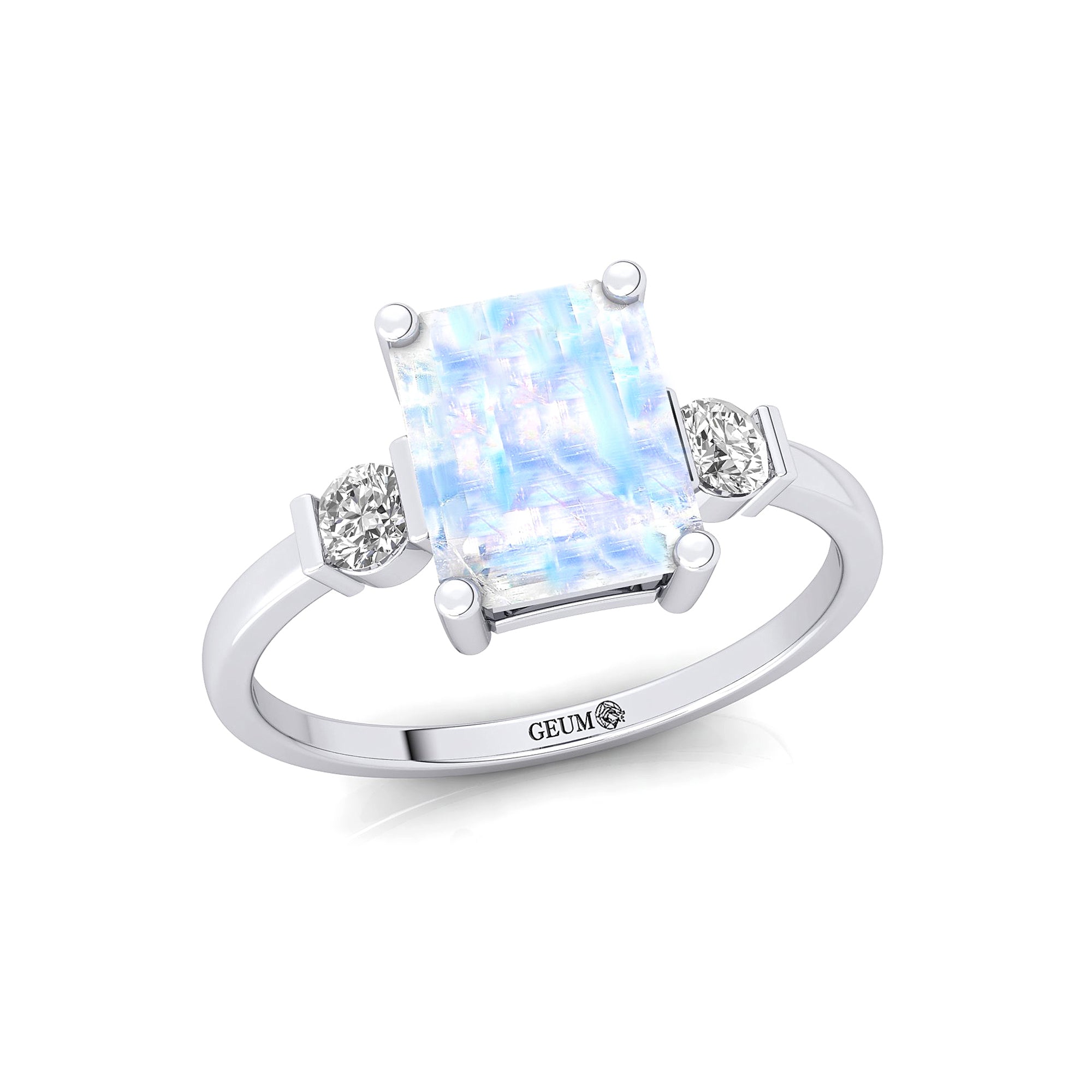 Emerald Cut Moonstone and Diamond Three Stone Ring - GeumJewels