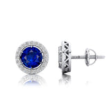 Round Solitaire Blue Sapphire Halo Diamond Stud Earrings - GeumJewels