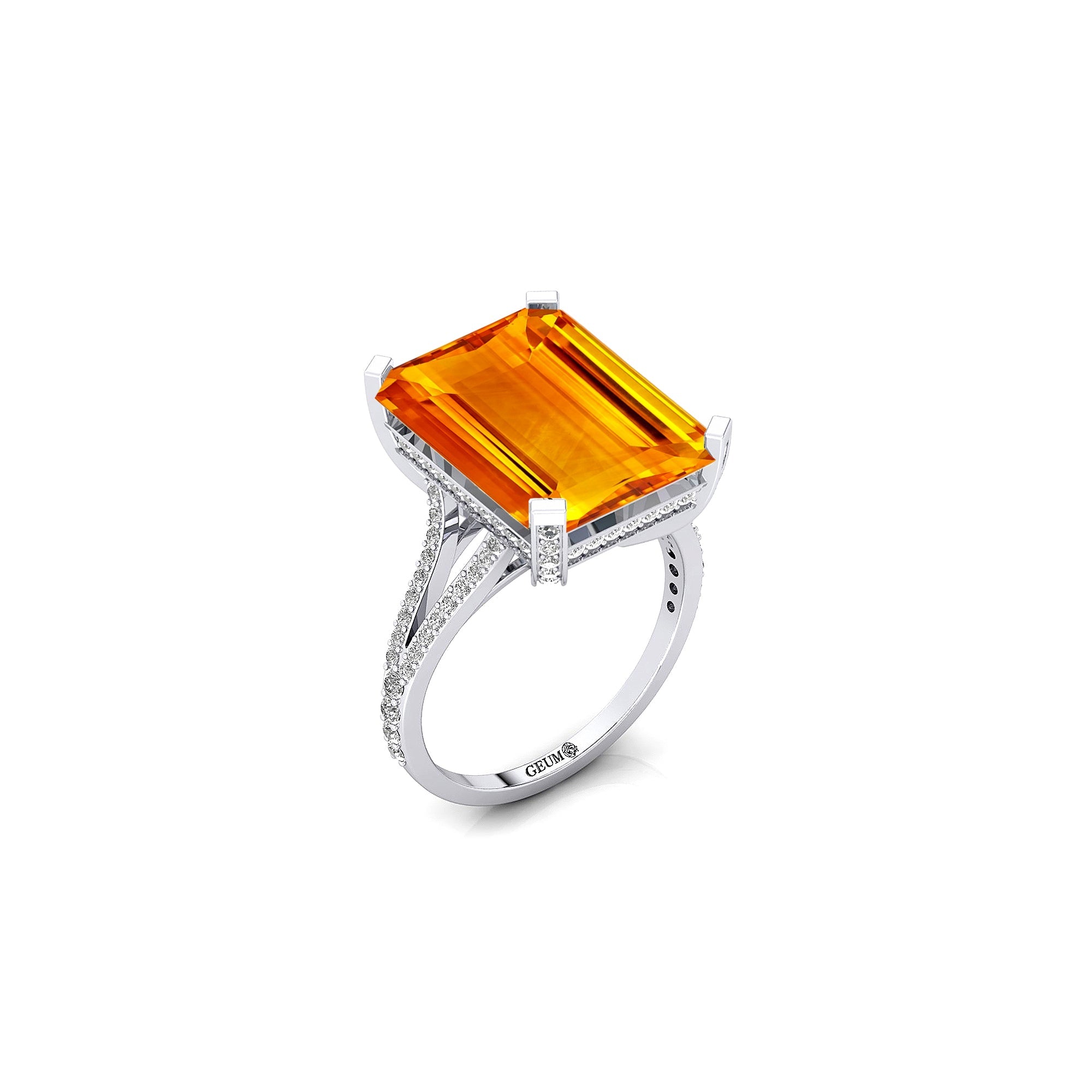 Emerald Cut Citrine Split Shank Engagement Ring with Diamonds - GeumJewels