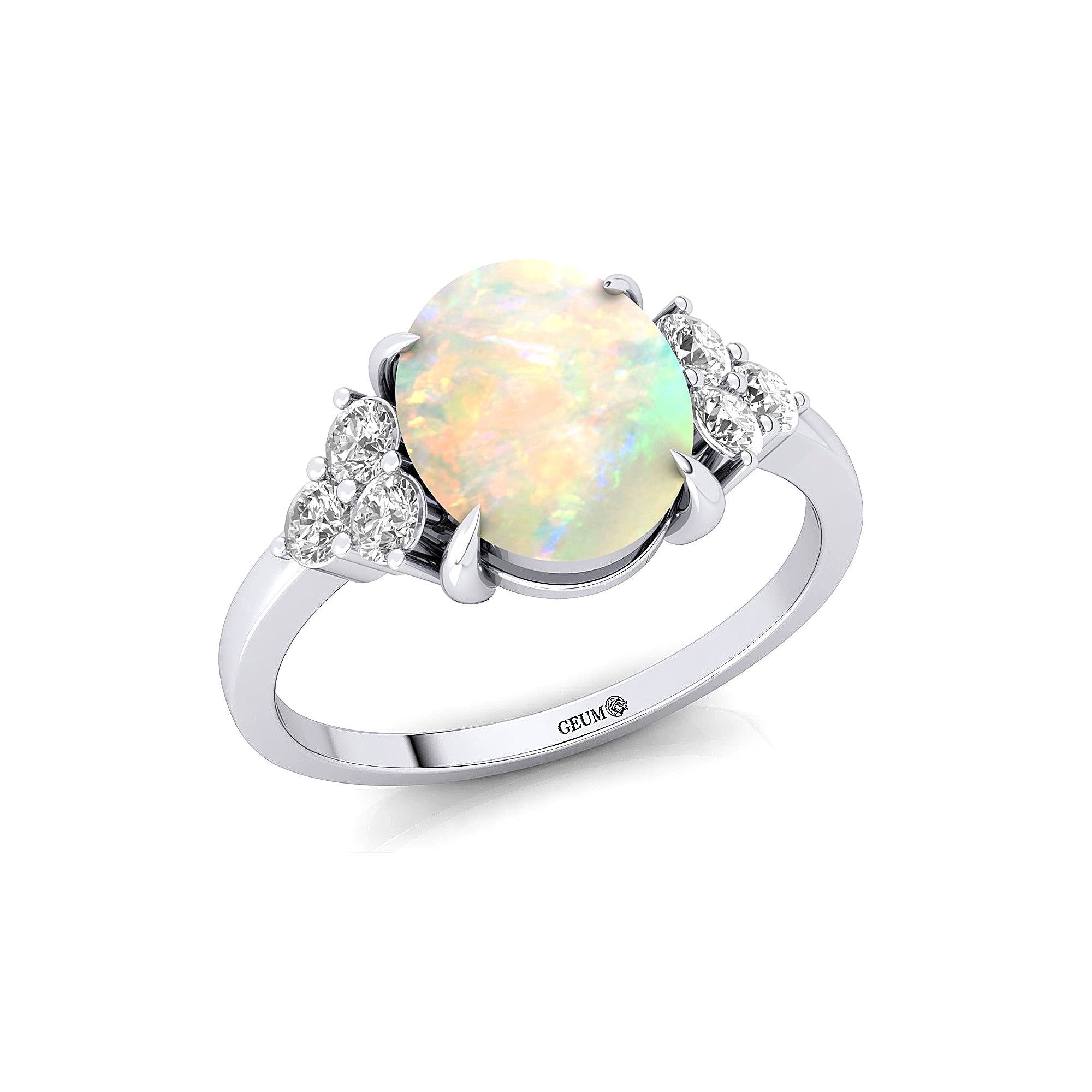 Trio Diamond Engagement Ring with Oval Cut Opal - GeumJewels