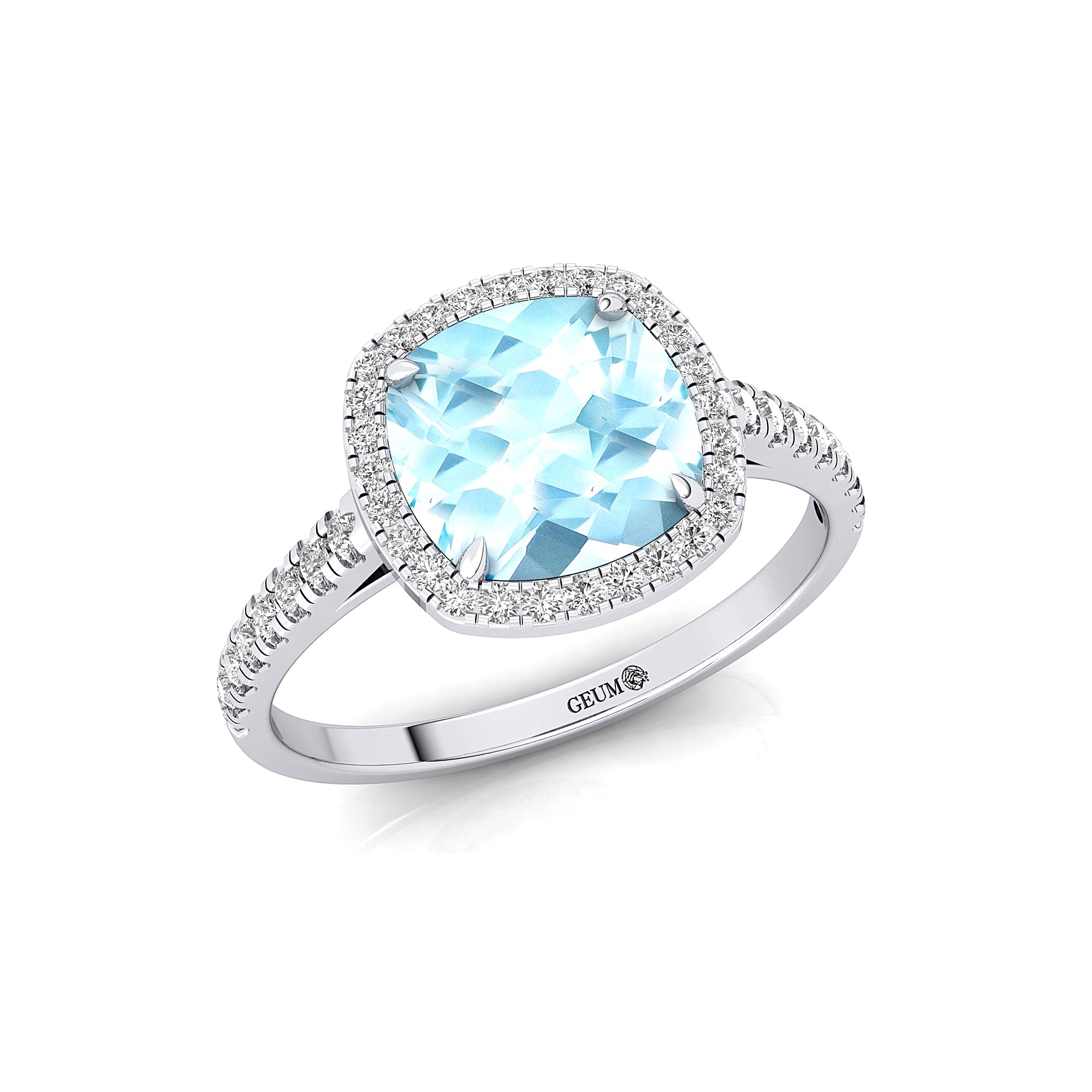Halo Diamond Engagement Ring with Cushion Cut Aquamarine - GeumJewels