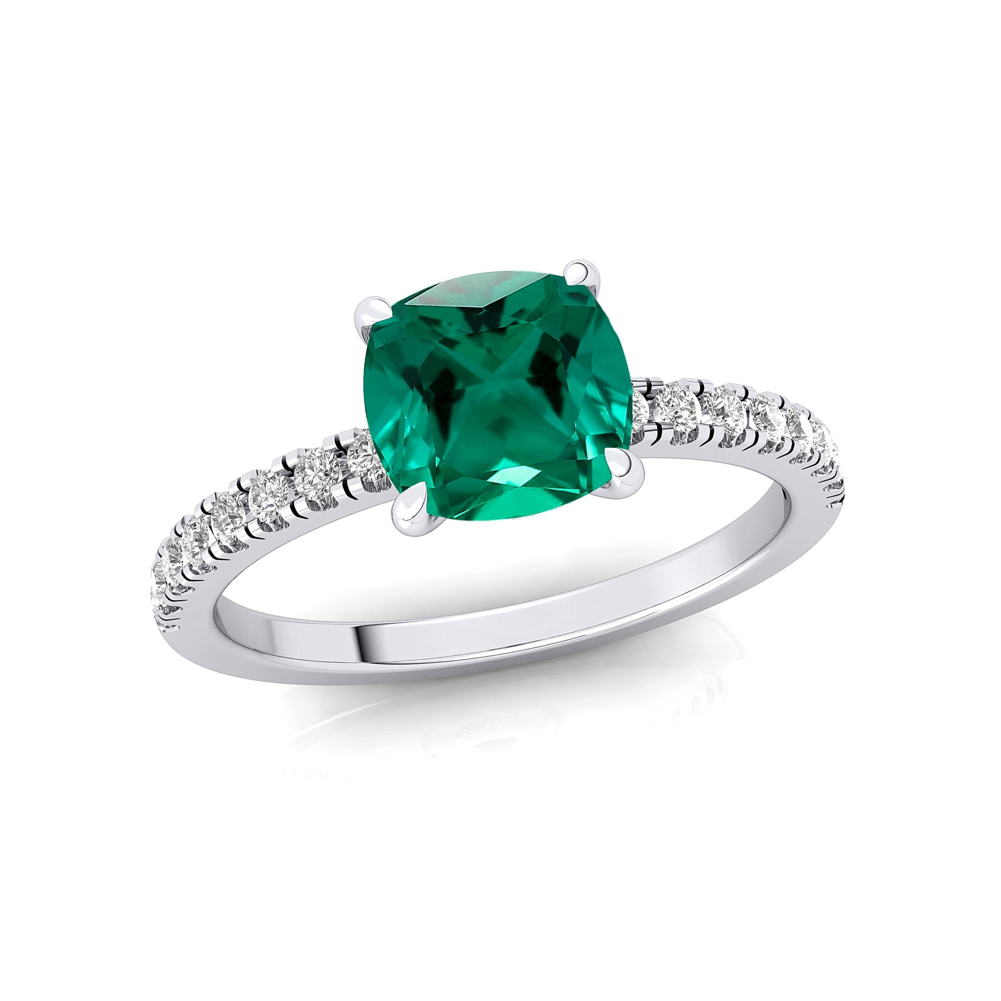 Emerald Square Cushion Under Halo Diamonds Thin Ring with Diamond Band - GeumJewels