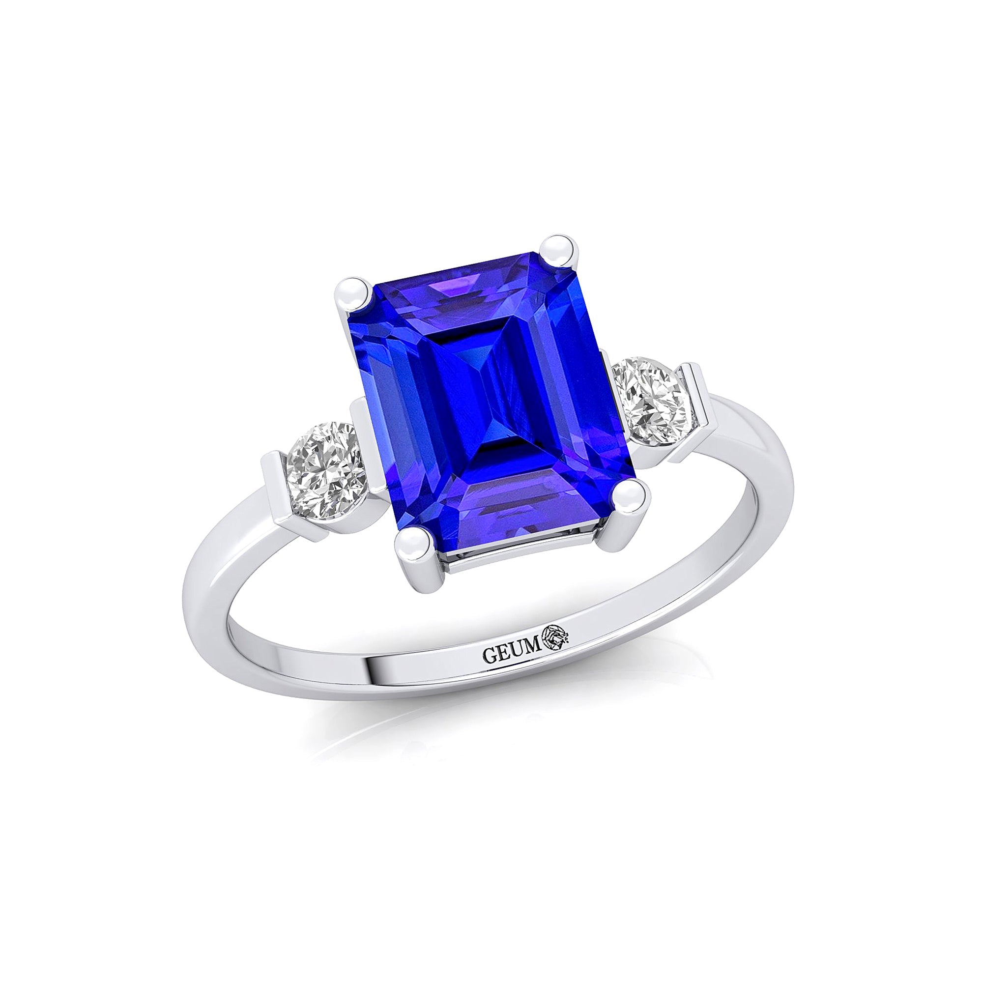 Emerald Cut Tanzanite and Diamond Three Stone Ring - GeumJewels