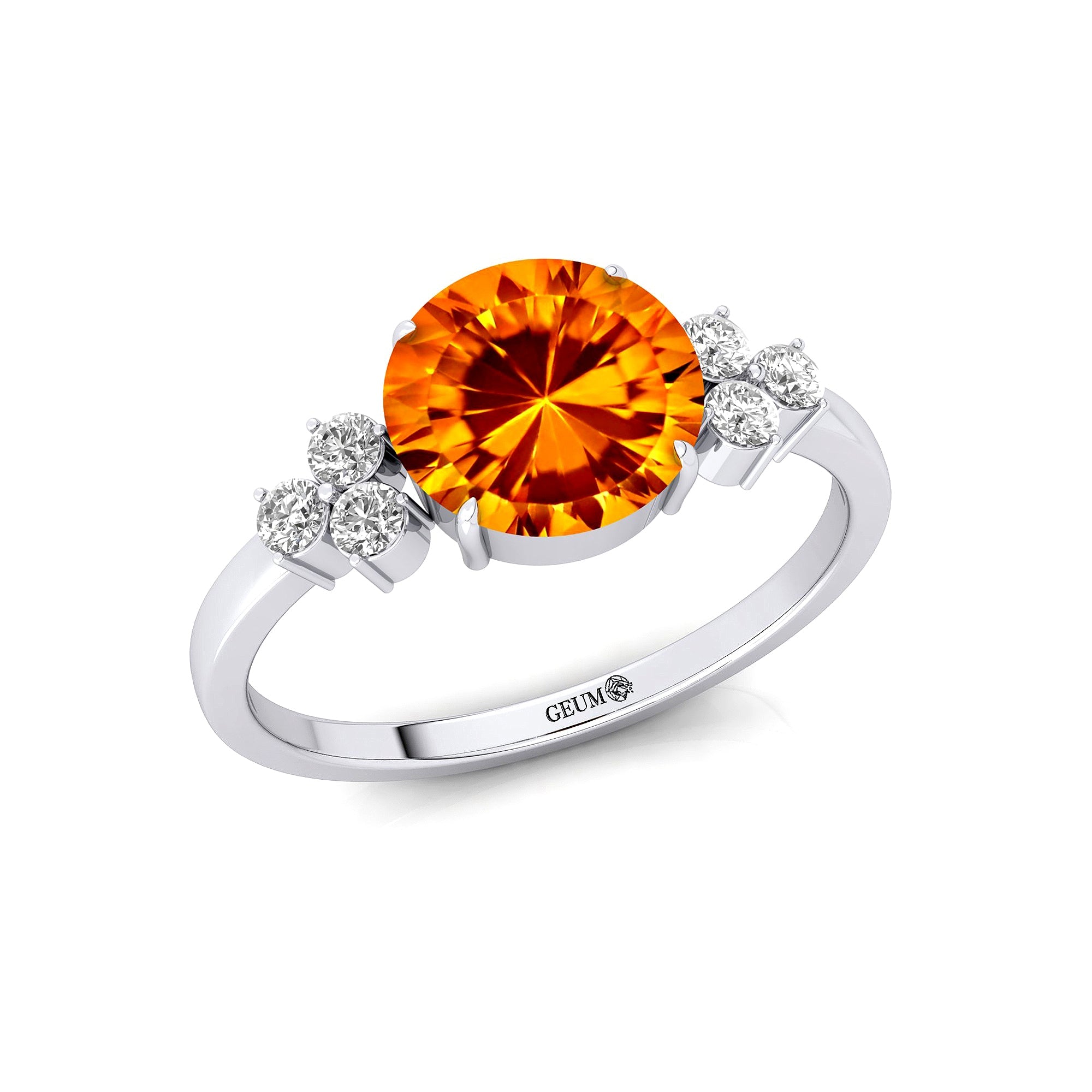 Trio Diamond Engagement Ring with Round Solitaire Citrine - GeumJewels